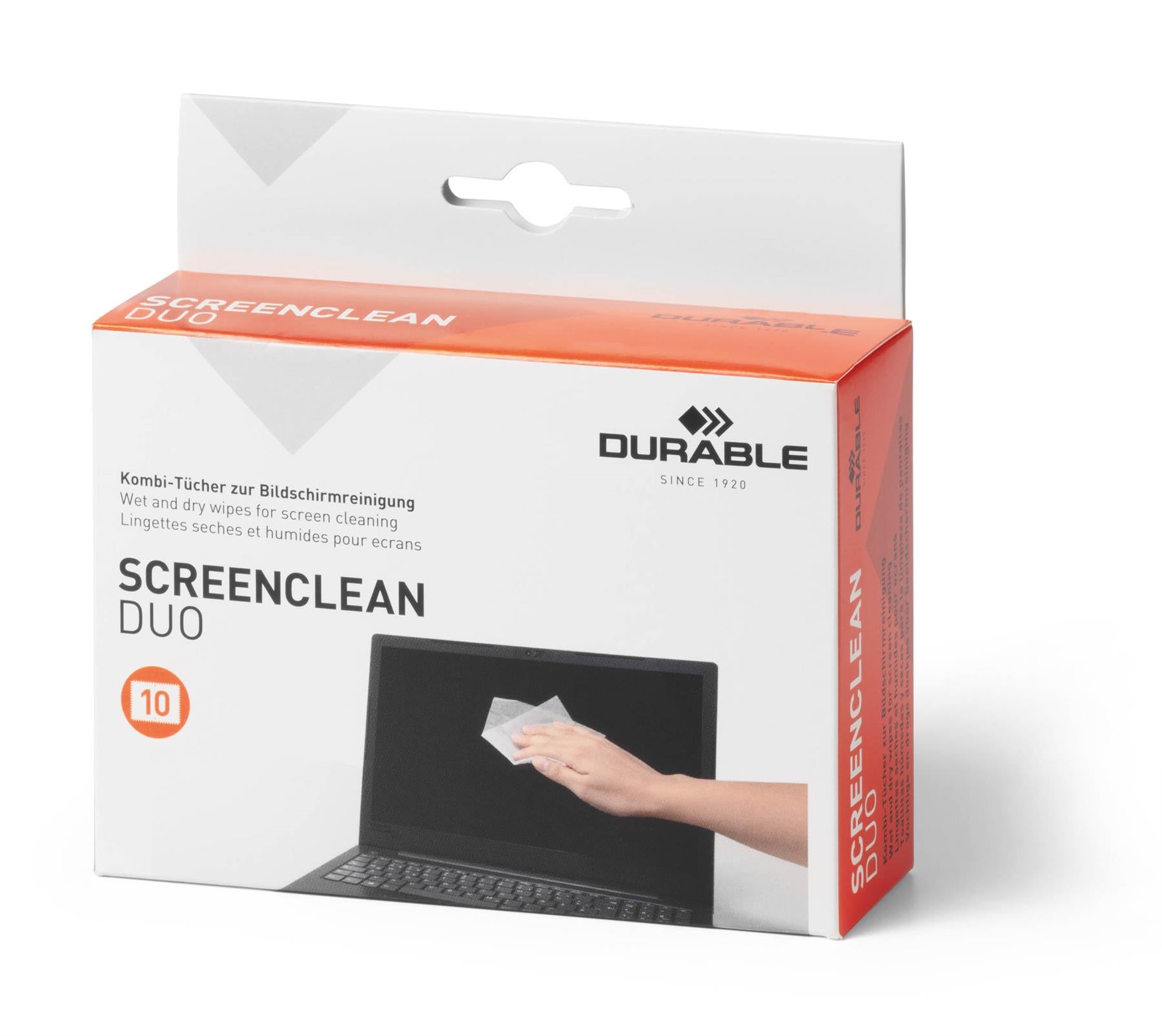 Durable SCREENCLEAN DUO Biodegradable Wet & Dry Screen Cleaning Wipes | 10 Pairs