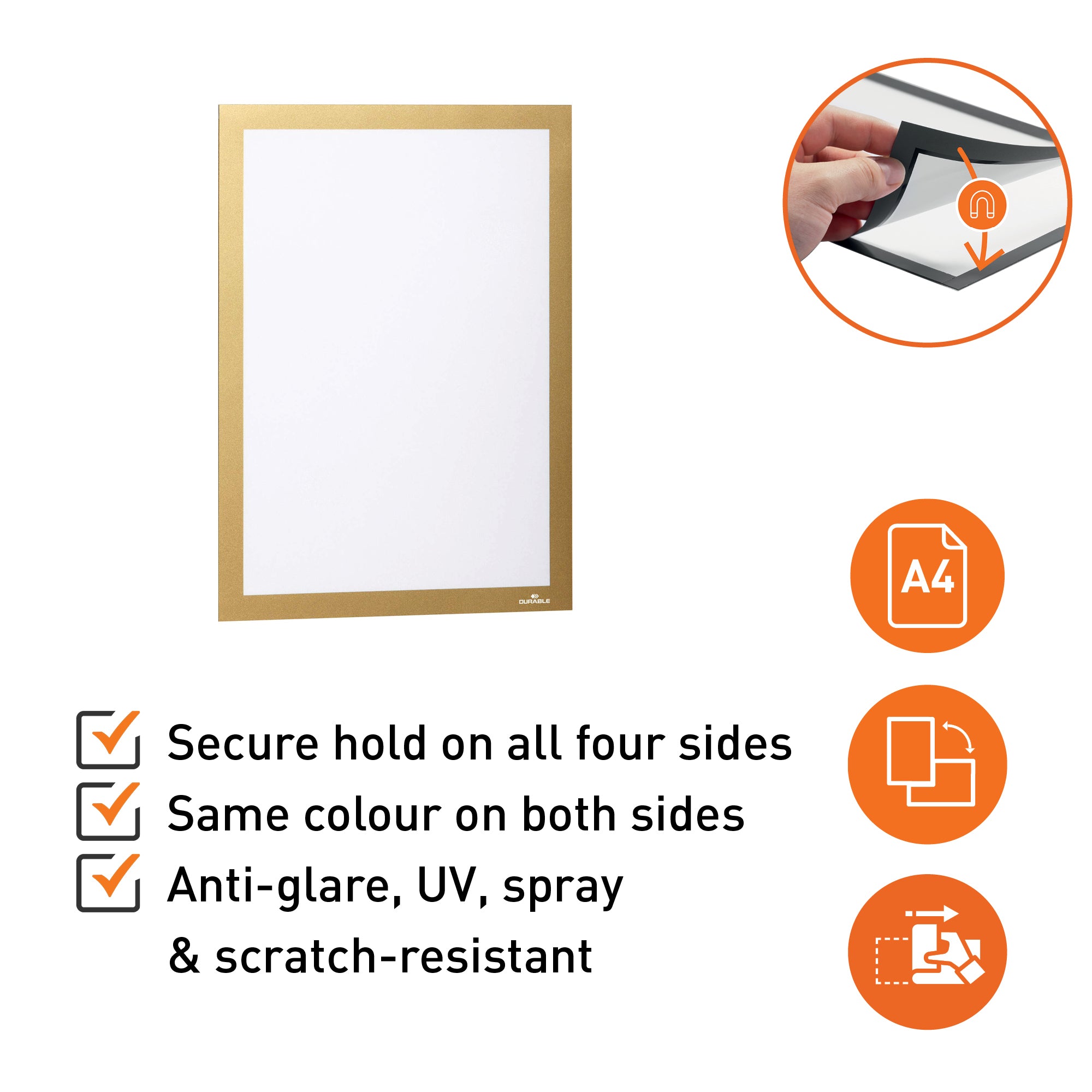 Durable DURAFRAME Self Adhesive Magnetic Signage Frame | 2 Pack | A4 Gold