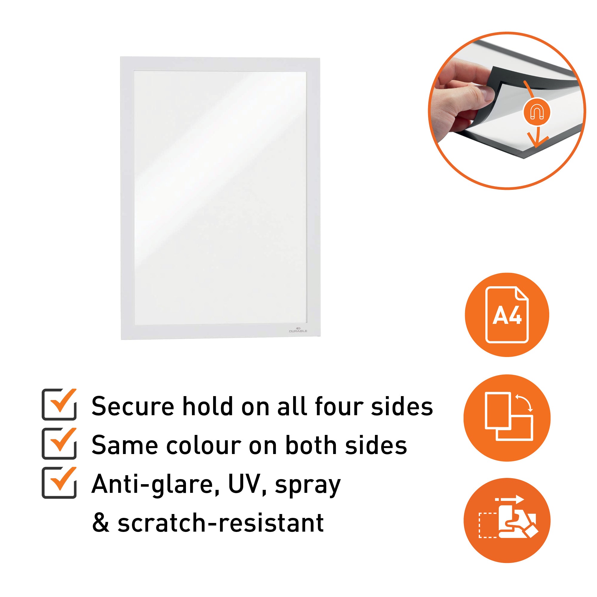 Durable DURAFRAME Self Adhesive Magnetic Signage Frame | 10 Pack | A4 White