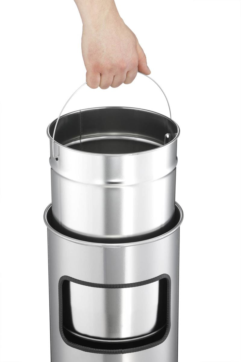 Durable Round Metal Waste Bin with Fire Extinguishing Ashtray | 17L | Silver