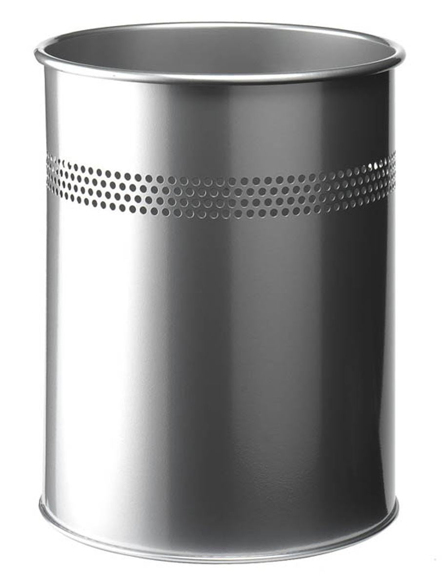Durable Round Steel Waste Bin | 30mm Perforated Ring | 15L | Silver