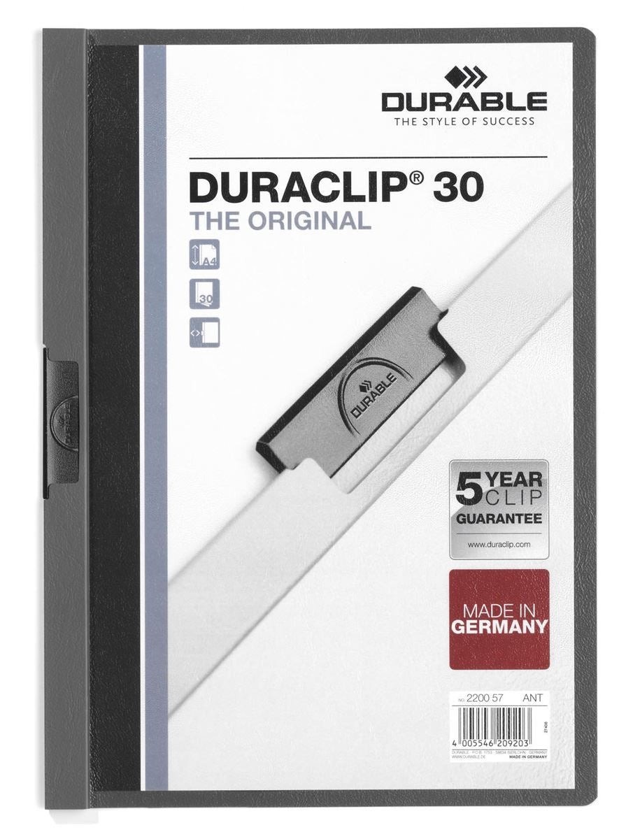 Durable DURACLIP 30 Sheet Document Metal Clip File Folder | 25 Pack | A4 Grey