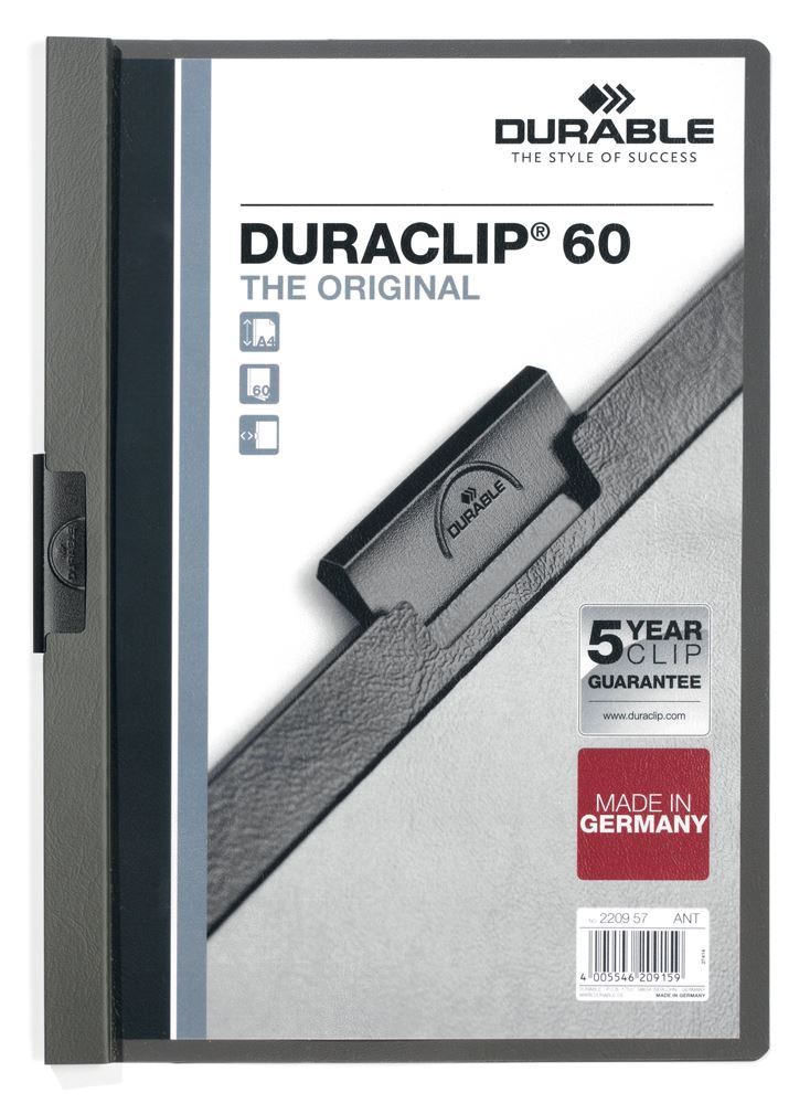 Durable DURACLIP 60 Sheet Document Metal Clip File Folder | 25 Pack | A4 Grey
