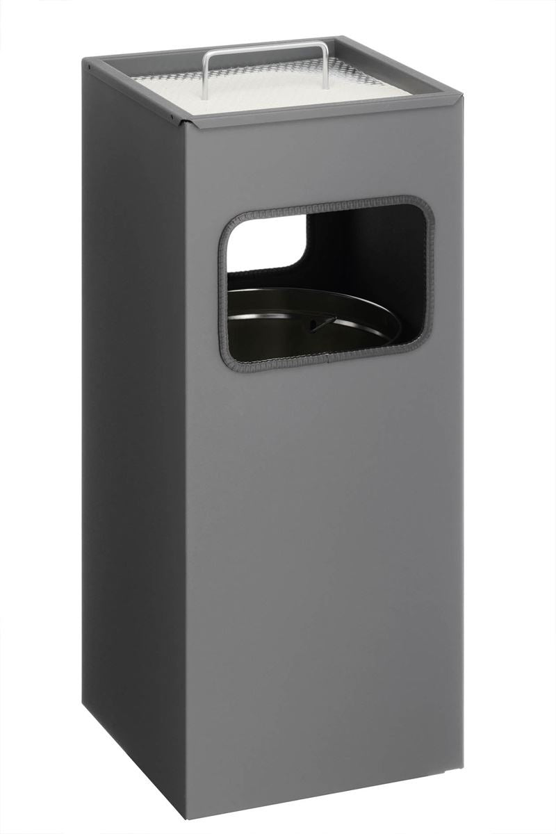 Durable Square Metal Waste Bin with Integrated Sand Ashtray | 17L | Charcoal