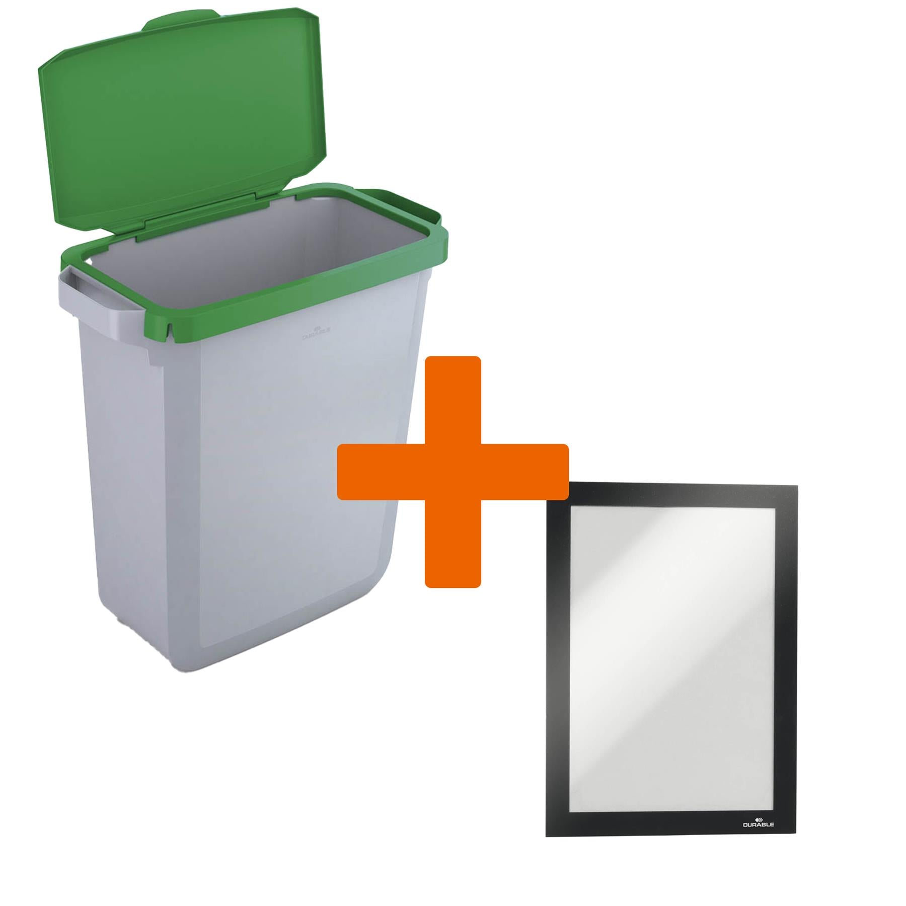 Durable DURABIN Grey Recycling Bin with Green Hinged Lid + Black Duraframe | 60L