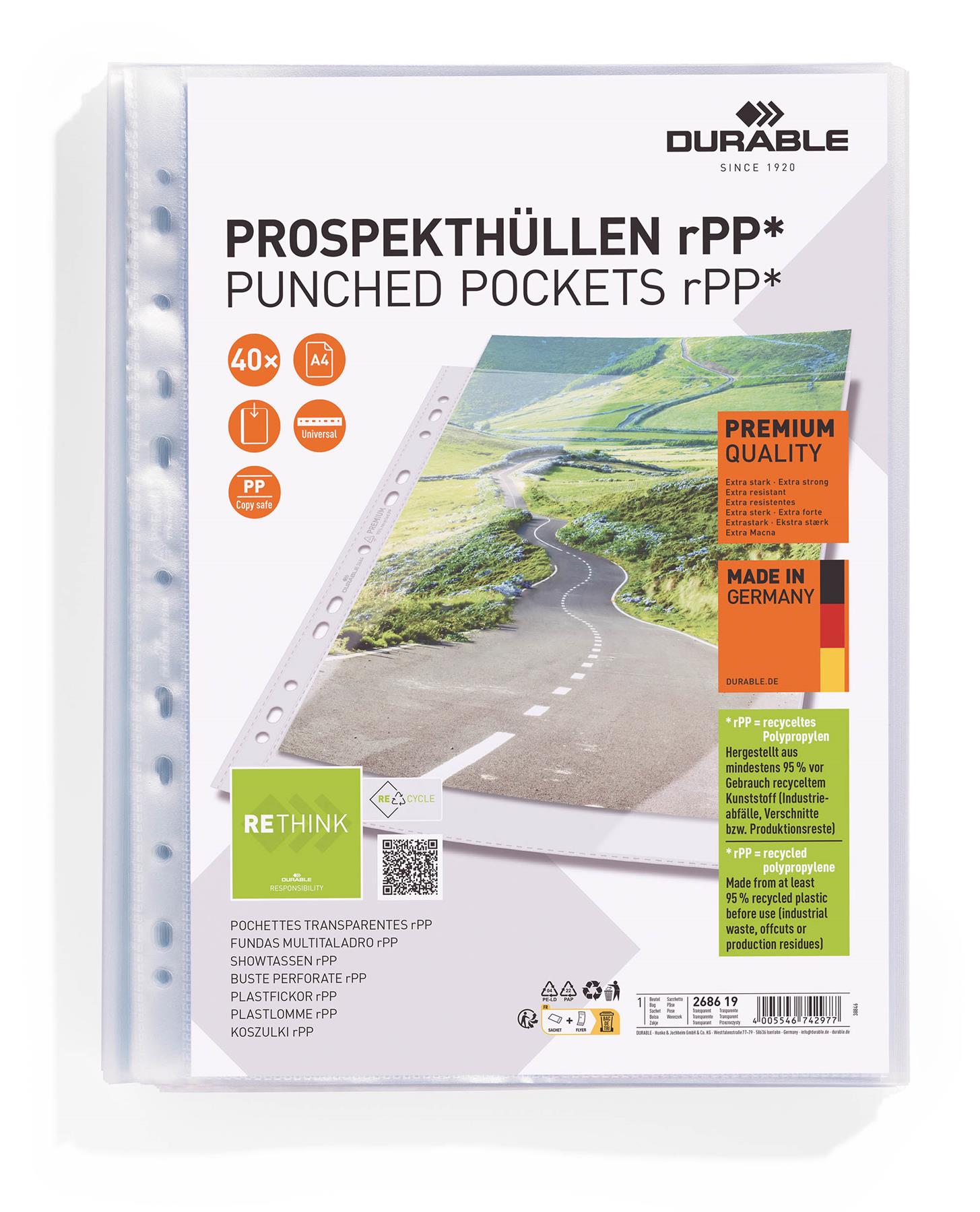 Durable Recycled Punched Pocket PREMIUM Sleeve Wallets | 40 Pack | A4 Clear