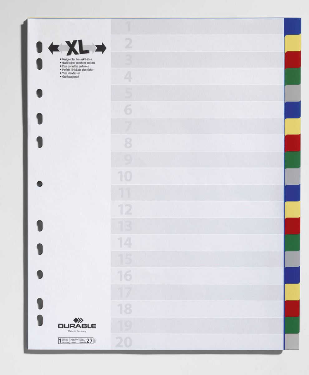 Durable 20 Part Coloured Tab Index Punched File Dividers | A4+