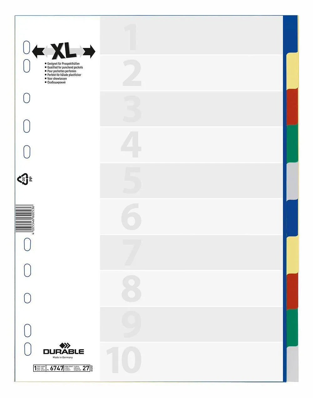 Showing Durable UK's Durable 10 Part Coloured Tab Index Punched File Dividers | A4+, available as SKU 674727 with EAN 4005546600536.