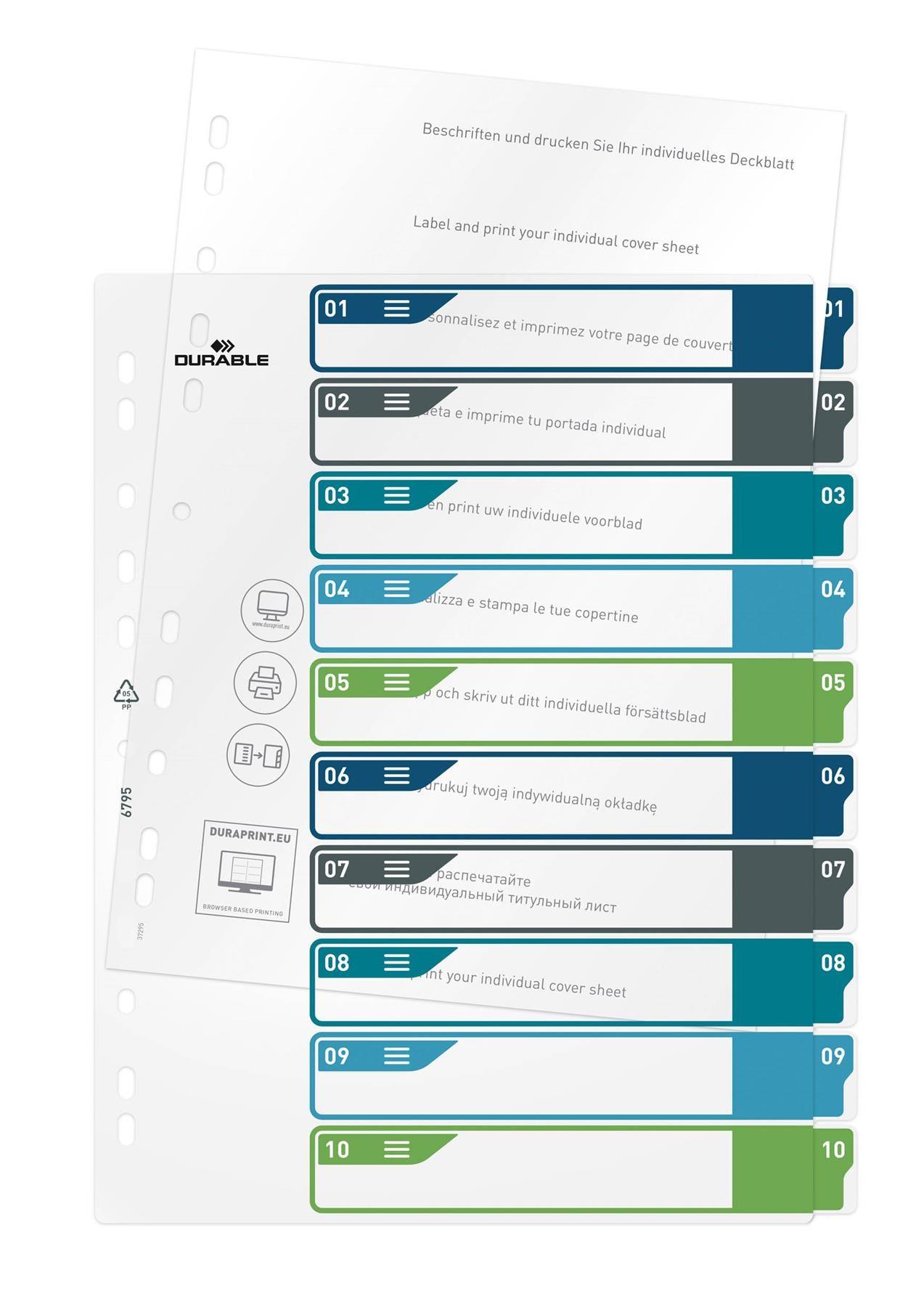 Showing Durable UK's Durable 10 Part Numbered Tab Punched Index Dividers + Cover | A4+ | Colour Coded, available as SKU 679527 with EAN 4005546735115.