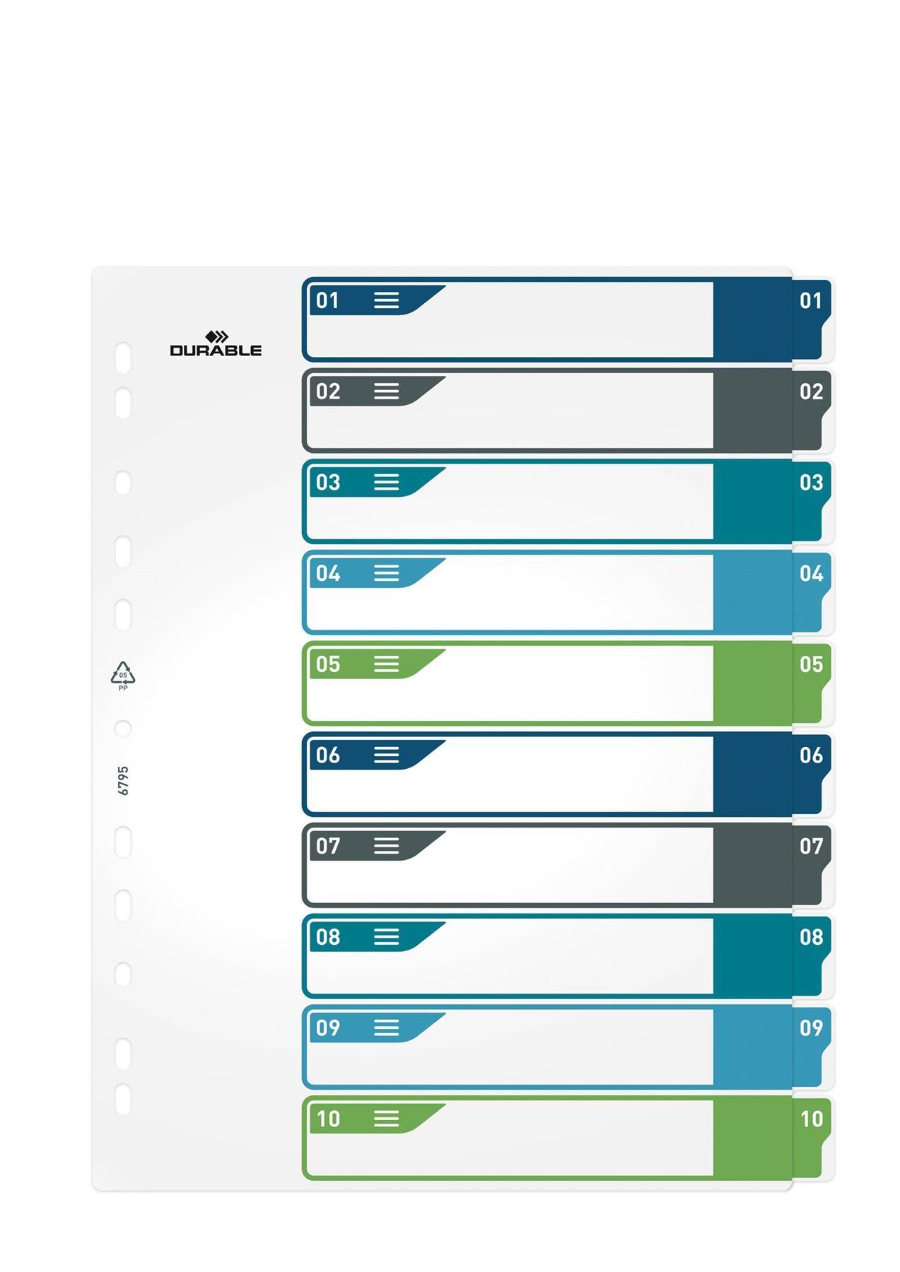 Showing Durable UK's Durable 10 Part Numbered Tab Punched Index Dividers + Cover | A4+ | Colour Coded, available as SKU 679527 with EAN 4005546735115.