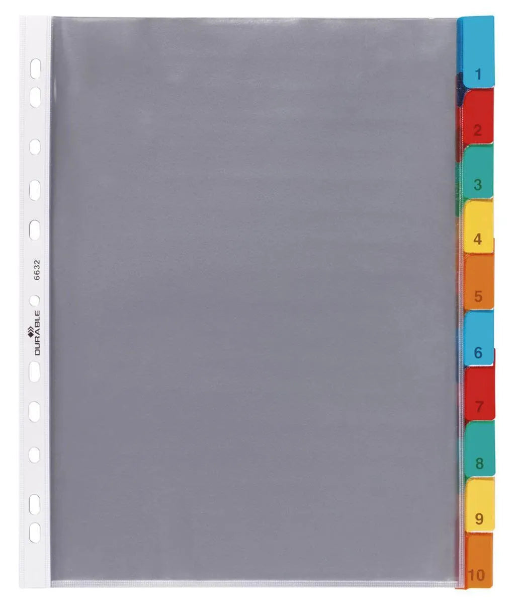 Showing Durable UK's Durable 10 Part Replacable Tab Numbered Colour Coded Punched Index Divider | A4, available as SKU 663219 with EAN 4005546640228.