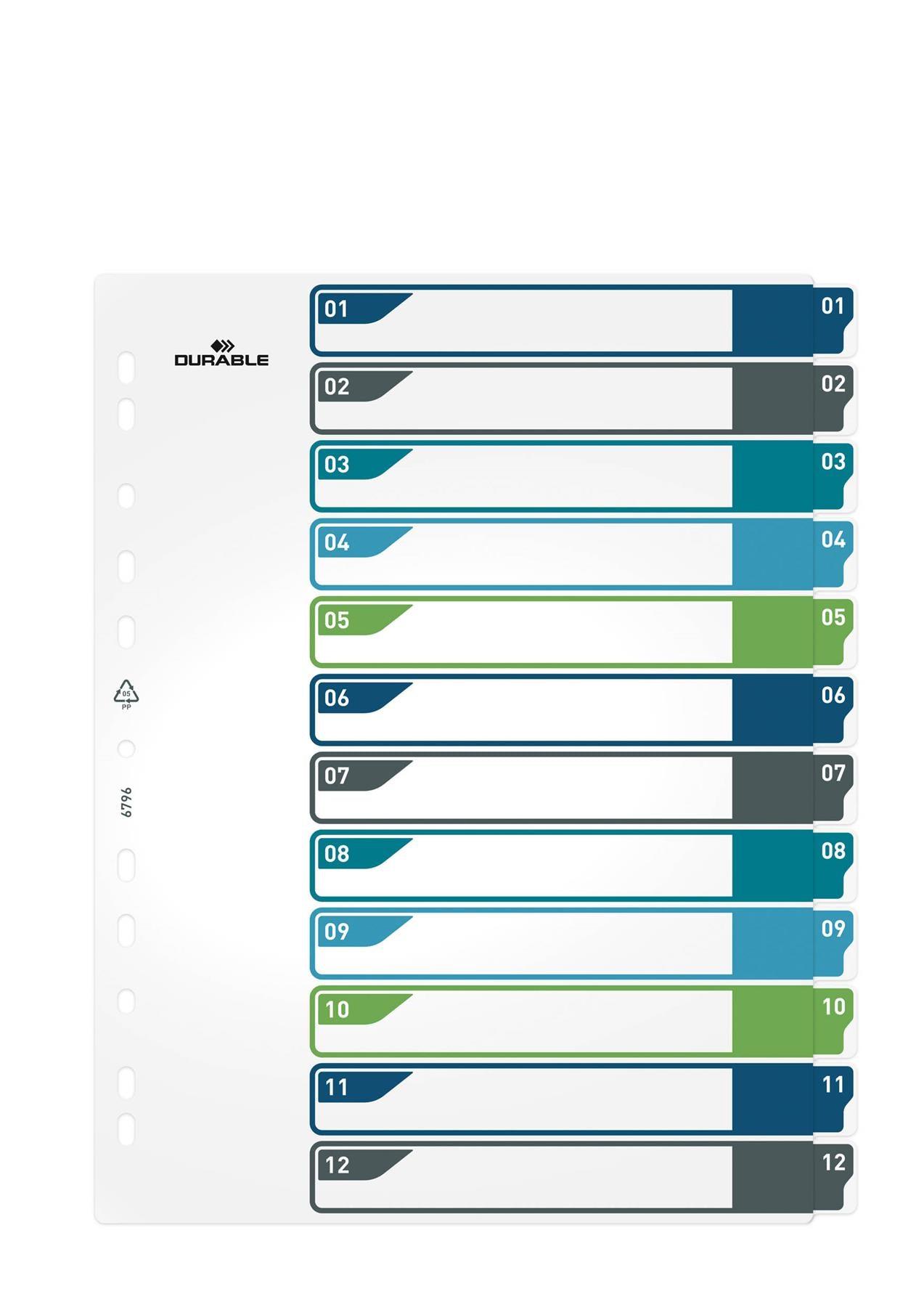 Showing Durable UK's Durable 12 Part Numbered Tab Punched Index Dividers + Cover | A4+ | Colour Coded, available as SKU 679627 with EAN 4005546735122.