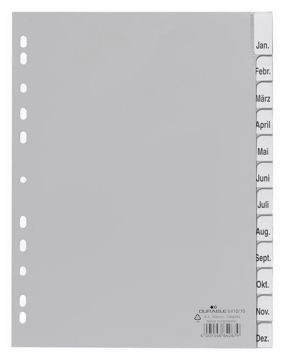 Showing Durable UK's Durable 12 Part Removable Tab Reinforced Punched Index Dividers | A4 | Grey, available as SKU 641010 with EAN 4005546640679.