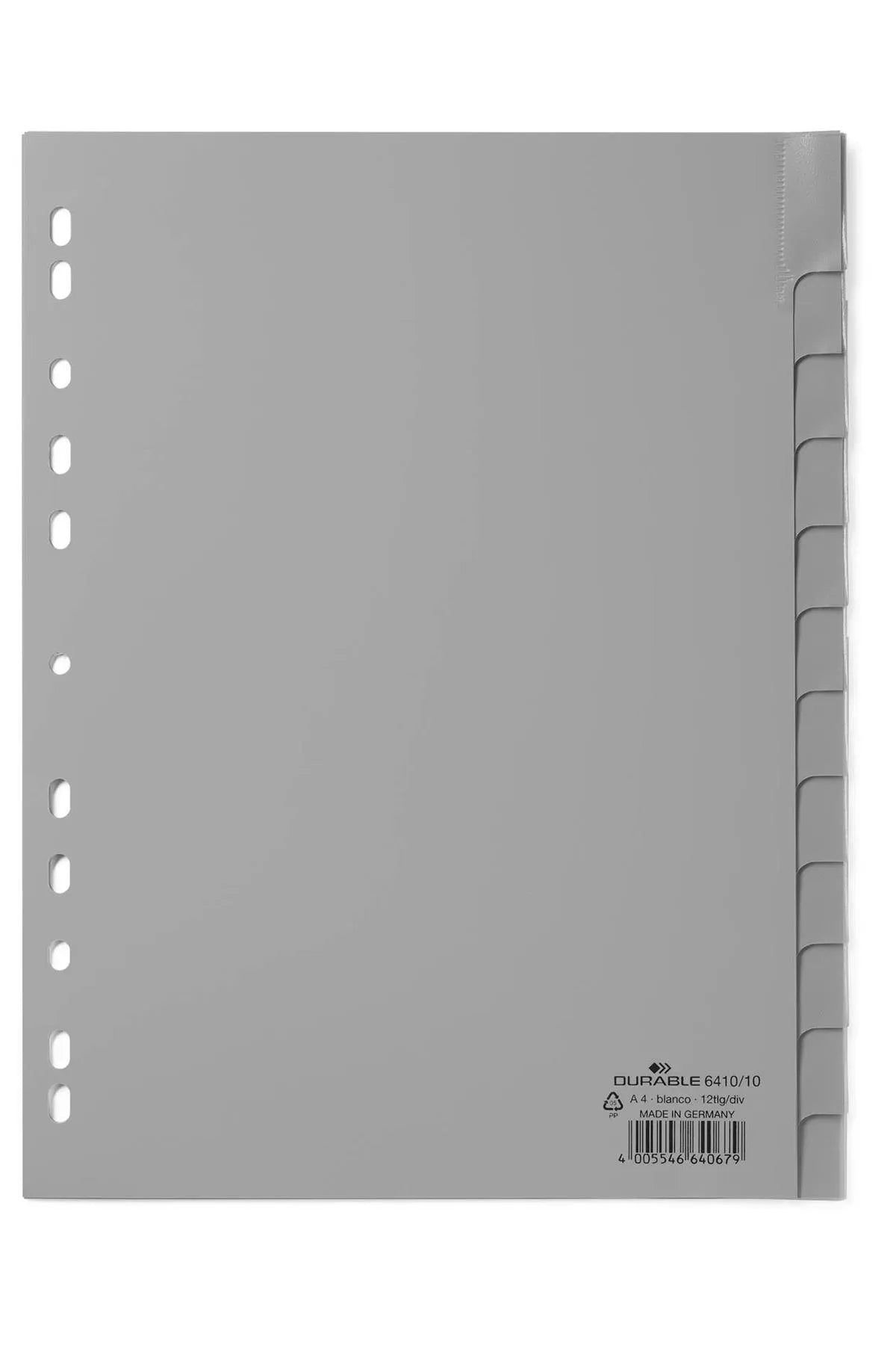 Showing Durable UK's Durable 12 Part Removable Tab Reinforced Punched Index Dividers | A4 | Grey, available as SKU 641010 with EAN 4005546640679.