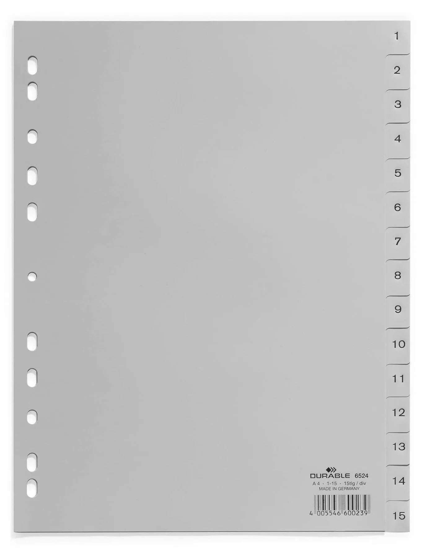 Showing Durable UK's Durable 15 Part Numbered Tab Reinforced Punched Index Divider | A4 | Grey, available as SKU 652410 with EAN 4005546600239.