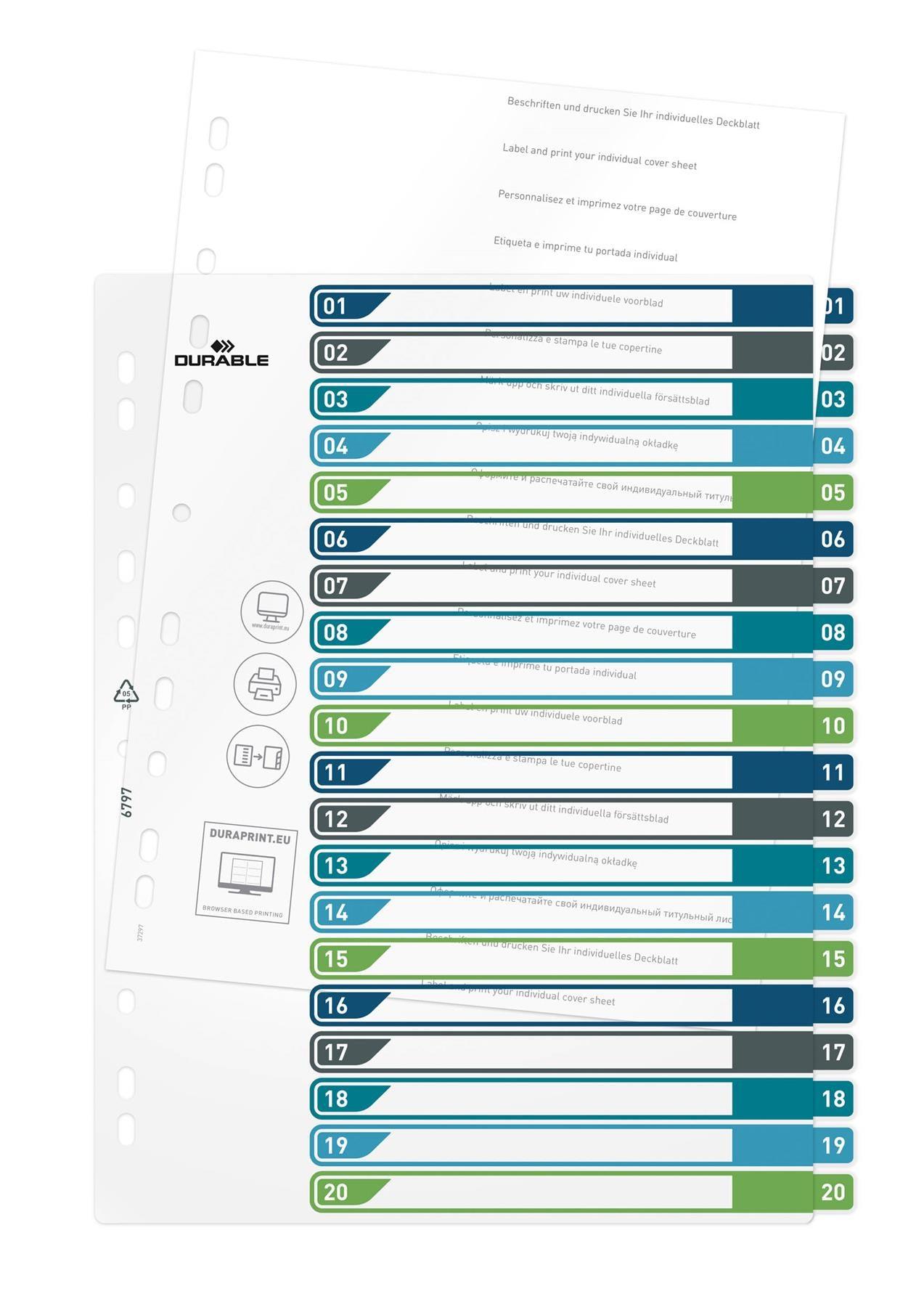 Showing Durable UK's Durable 20 Part Numbered Tab Punched Index Dividers + Cover | A4+ | Colour Coded, available as SKU 679727 with EAN 4005546735139.