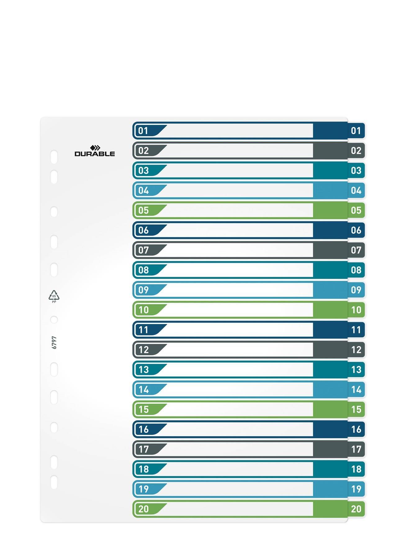 Showing Durable UK's Durable 20 Part Numbered Tab Punched Index Dividers + Cover | A4+ | Colour Coded, available as SKU 679727 with EAN 4005546735139.