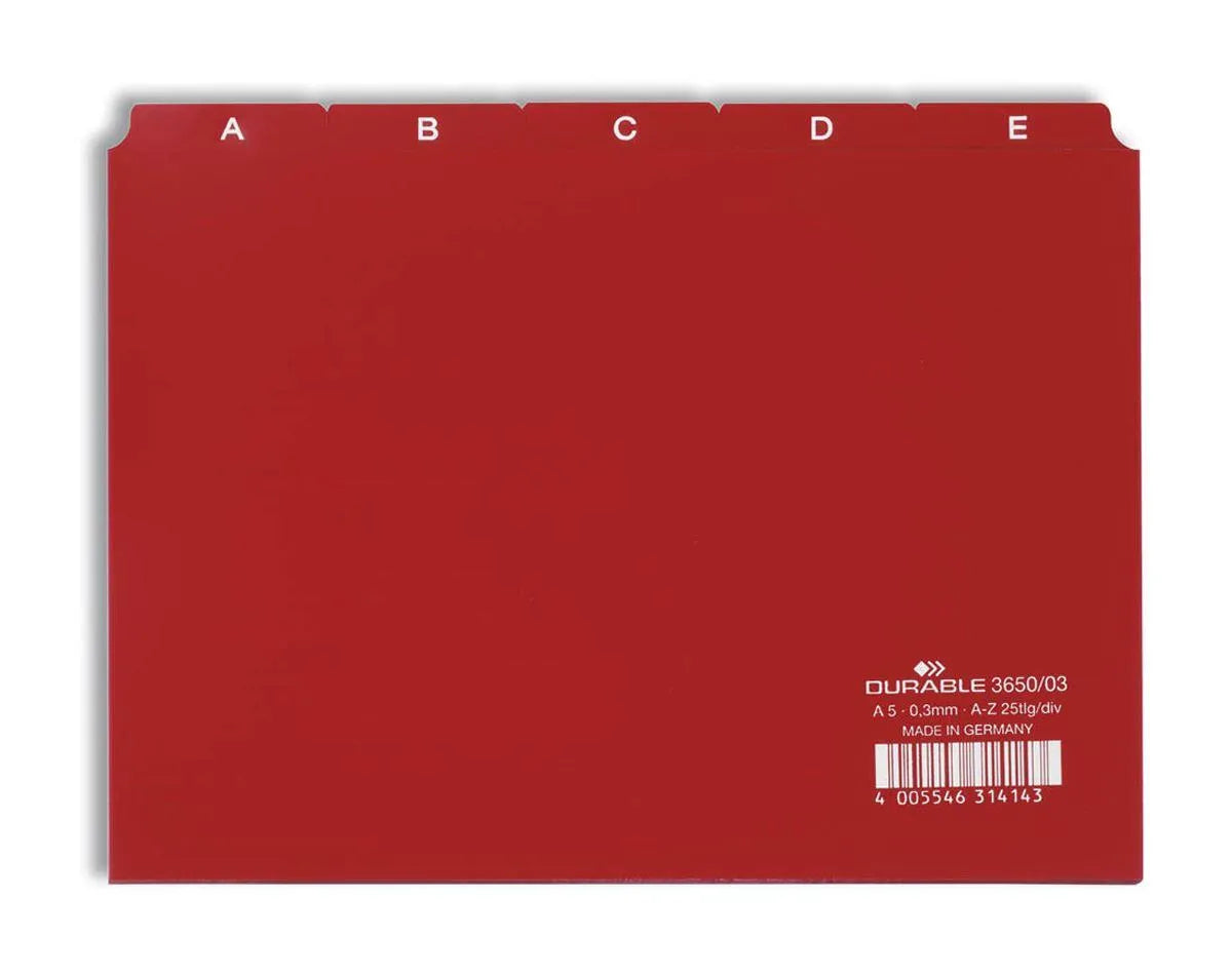 Showing Durable UK's Durable 5 Part Alphabetical A-Z Reinforced Index Dividers | A5 Landscape | Red, available as SKU 365003 with EAN 4005546314143.