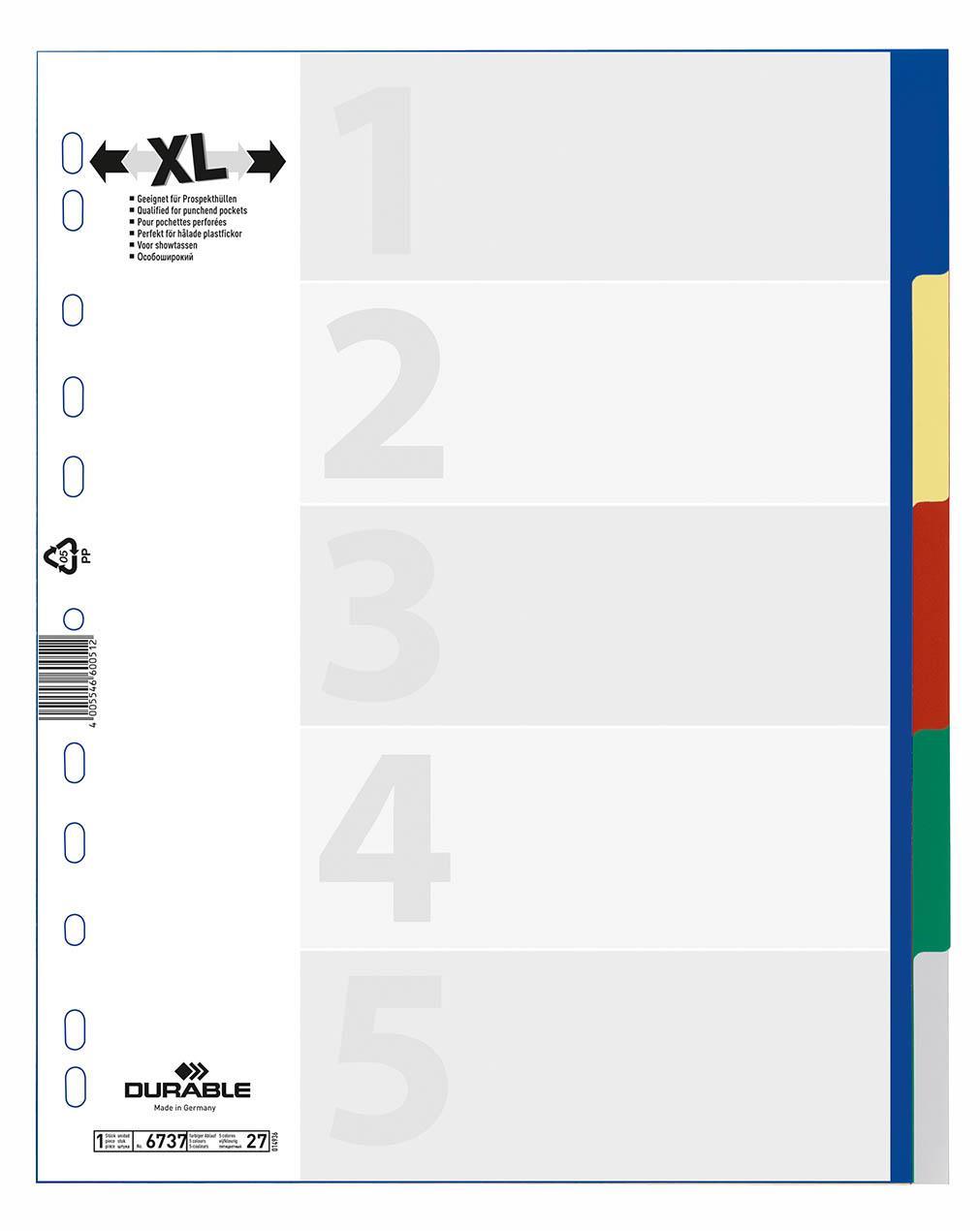 Showing Durable UK's Durable 5 Part Coloured Tab Index Punched File Dividers | A4+, available as SKU 673727 with EAN 4005546600512.