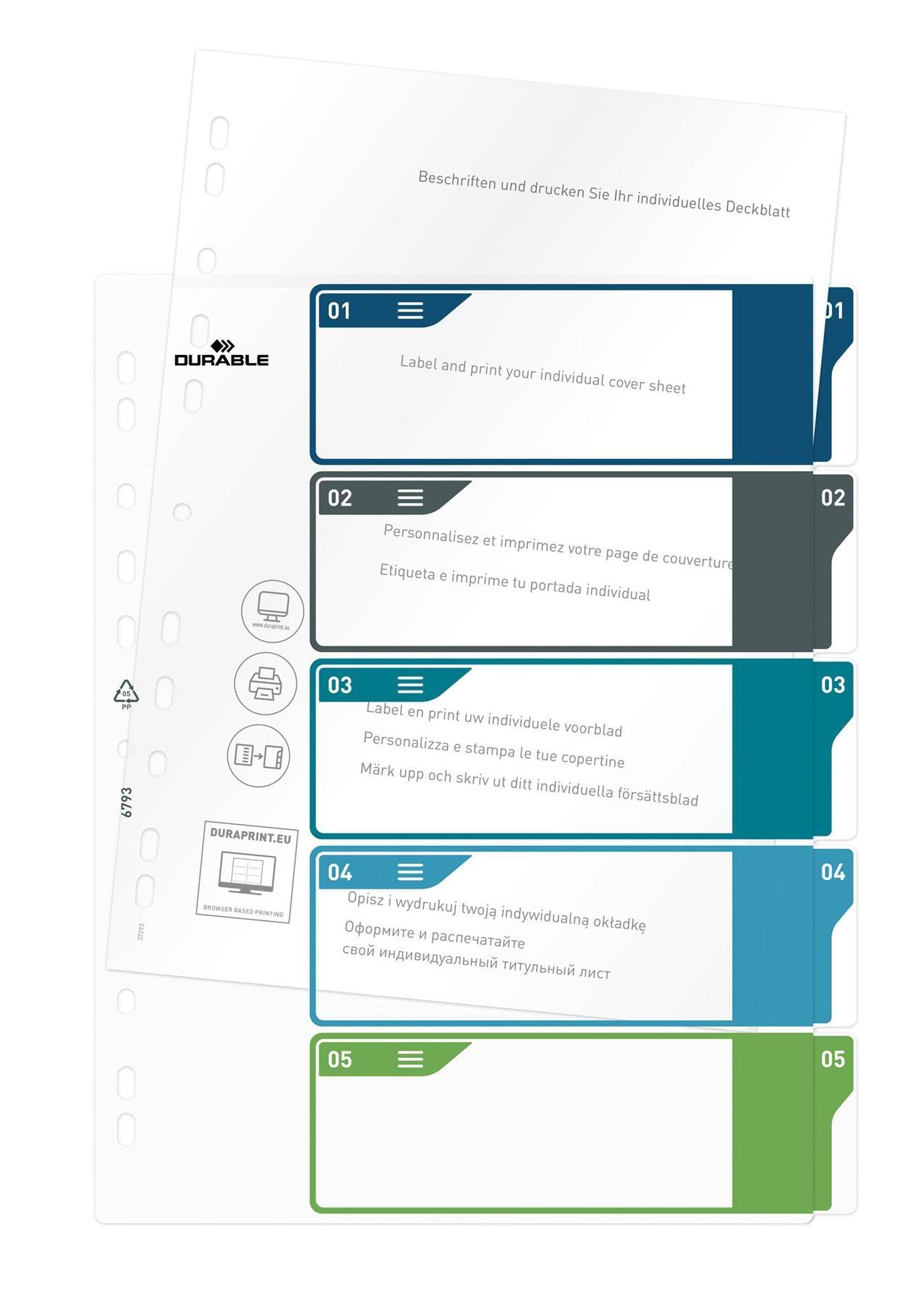 Showing Durable UK's Durable 5 Part Numbered Tab Punched Index Dividers + Cover | A4+ | Colour Coded, available as SKU 679327 with EAN 4005546735092.