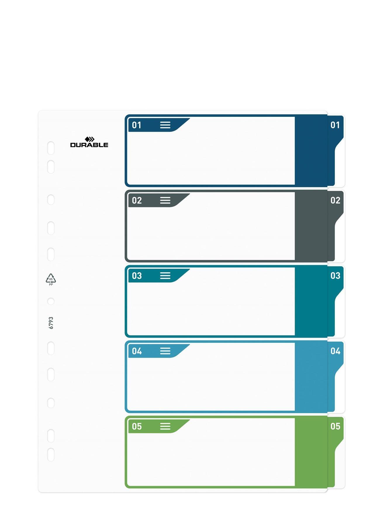 Showing Durable UK's Durable 5 Part Numbered Tab Punched Index Dividers + Cover | A4+ | Colour Coded, available as SKU 679327 with EAN 4005546735092.