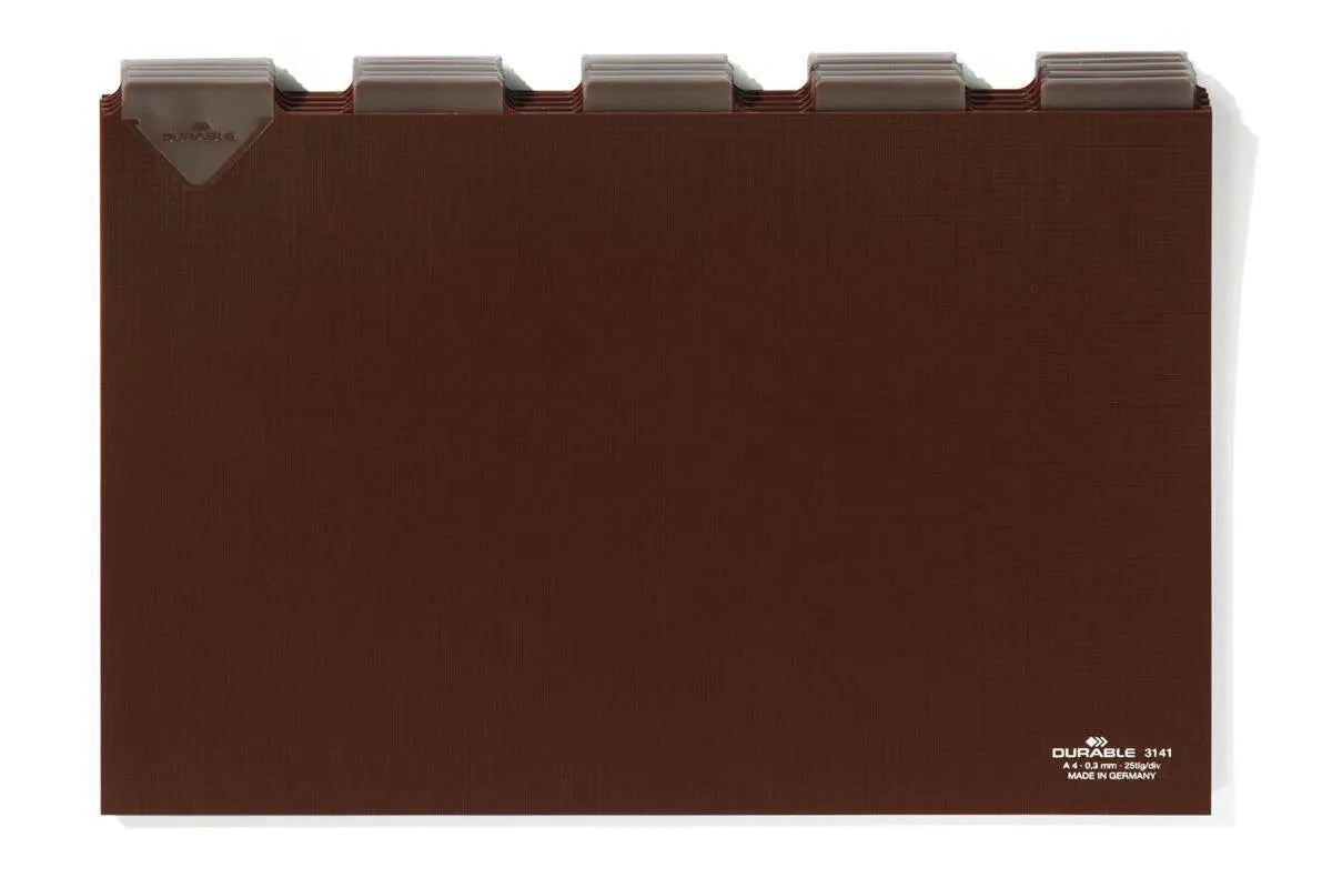 Showing Durable UK's Durable 5 Part Tab Guide Cards Index Dividers | 25 Pack | Landscape A4 | Brown, available as SKU 314111 with EAN 4005546311012.