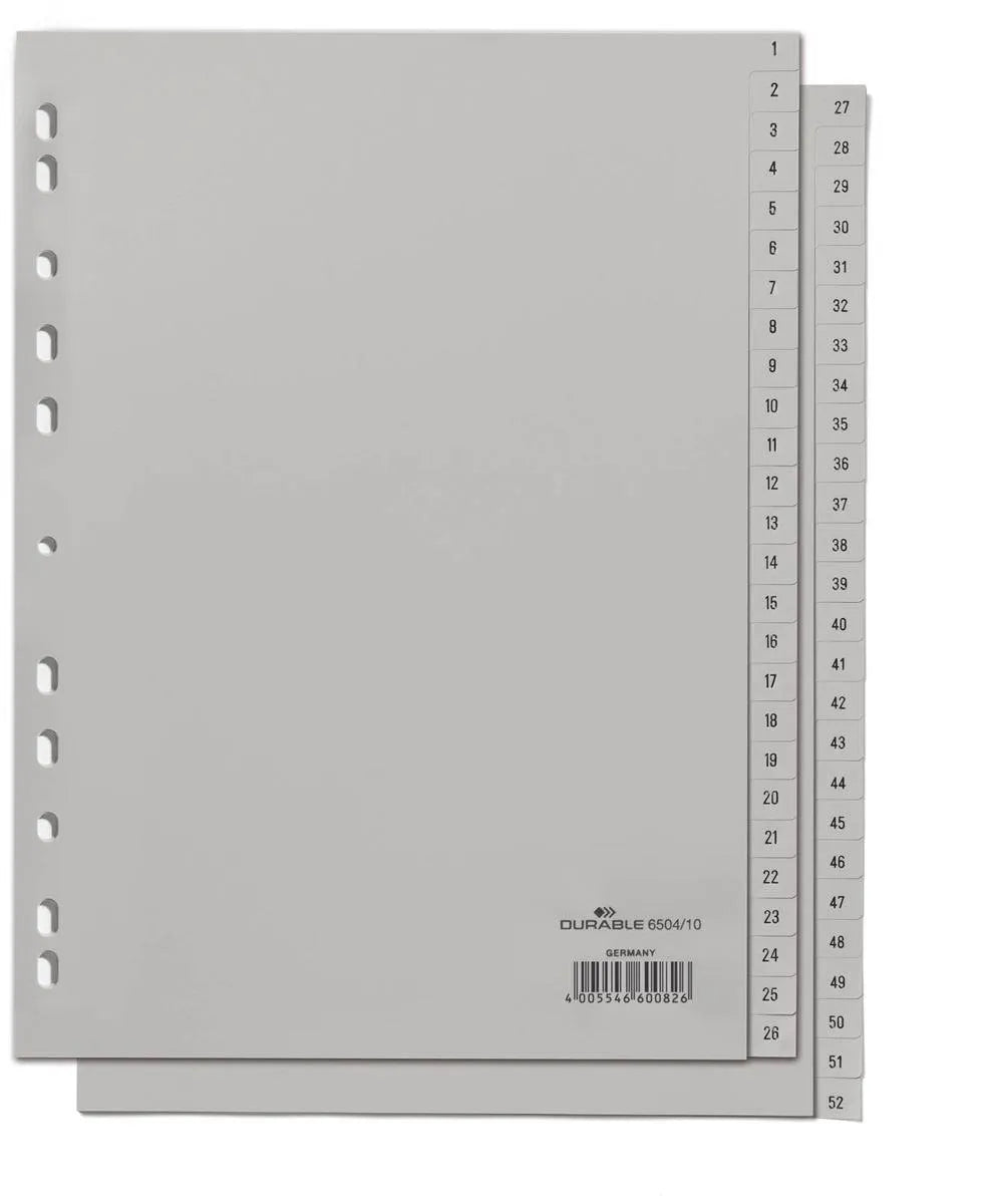 Showing Durable UK's Durable 52 Part Numbered Tab Reinforced Punched Index Divider | A4 | Grey, available as SKU 650410 with EAN 4005546600826.