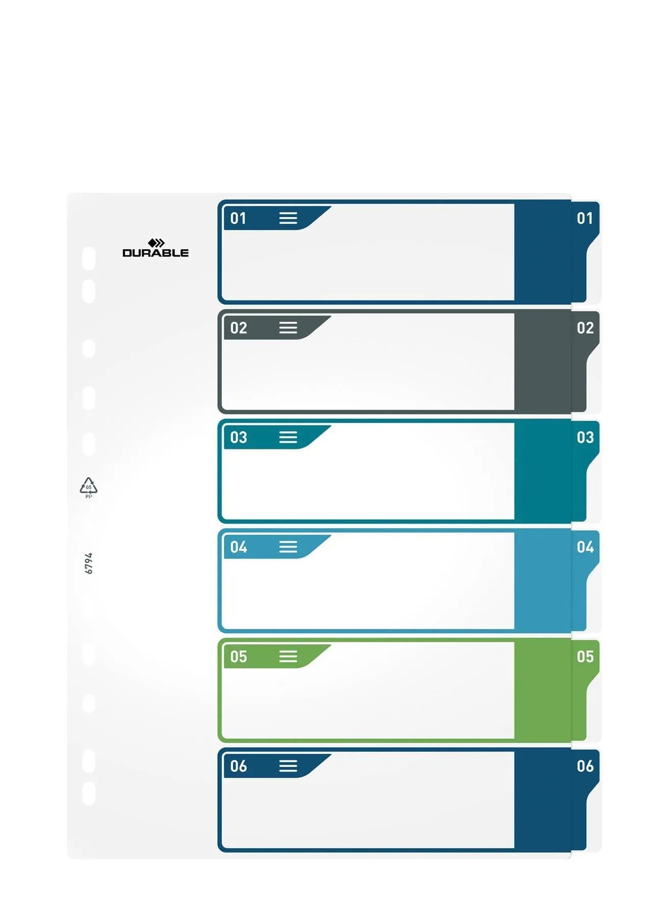 Showing Durable UK's Durable 6 Part Numbered Tab Punched Index Dividers + Cover | A4+ | Colour Coded, available as SKU 679427 with EAN 4005546735108.