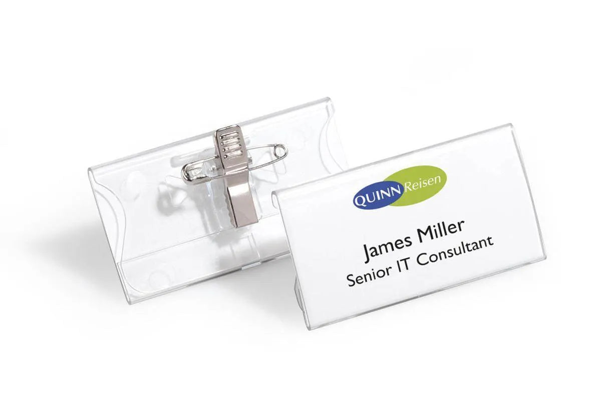 Showing Durable UK's Durable Acrylic Clip & Pin Name Tag Badge Holders + Inserts | 25 Pack | 40x76mm, available as SKU 812119 with EAN 4005546810218.