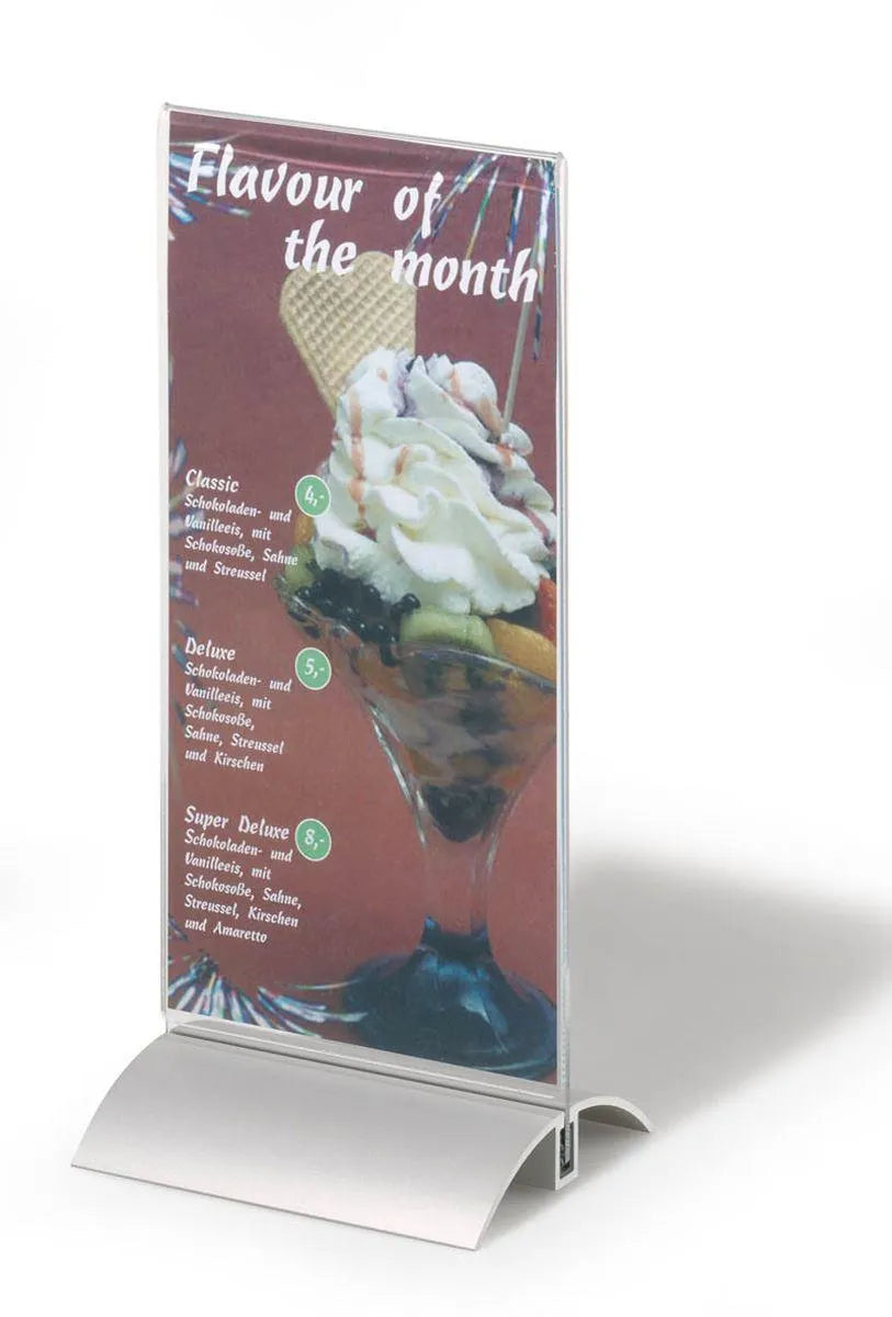 Showing Durable UK's Durable Acrylic Metal Table Display Stand Menu & Sign Holder | 1/3 A4 | Clear, available as SKU 858719 with EAN 4005546802213.