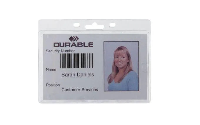 Showing Durable UK's Durable Acrylic Security Pass ID Card Holders for Lanyards | 50 Pack | Clear, available as SKU 999108012 with EAN 4005546909462.