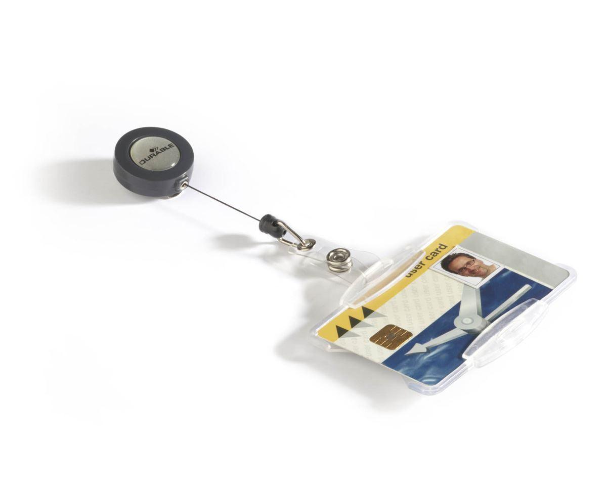 Showing Durable UK's Durable Acrylic Security Pass ID Card Holders with Badge Reel | 10 Pack | Clear, available as SKU 801119 with EAN 4005546804101.