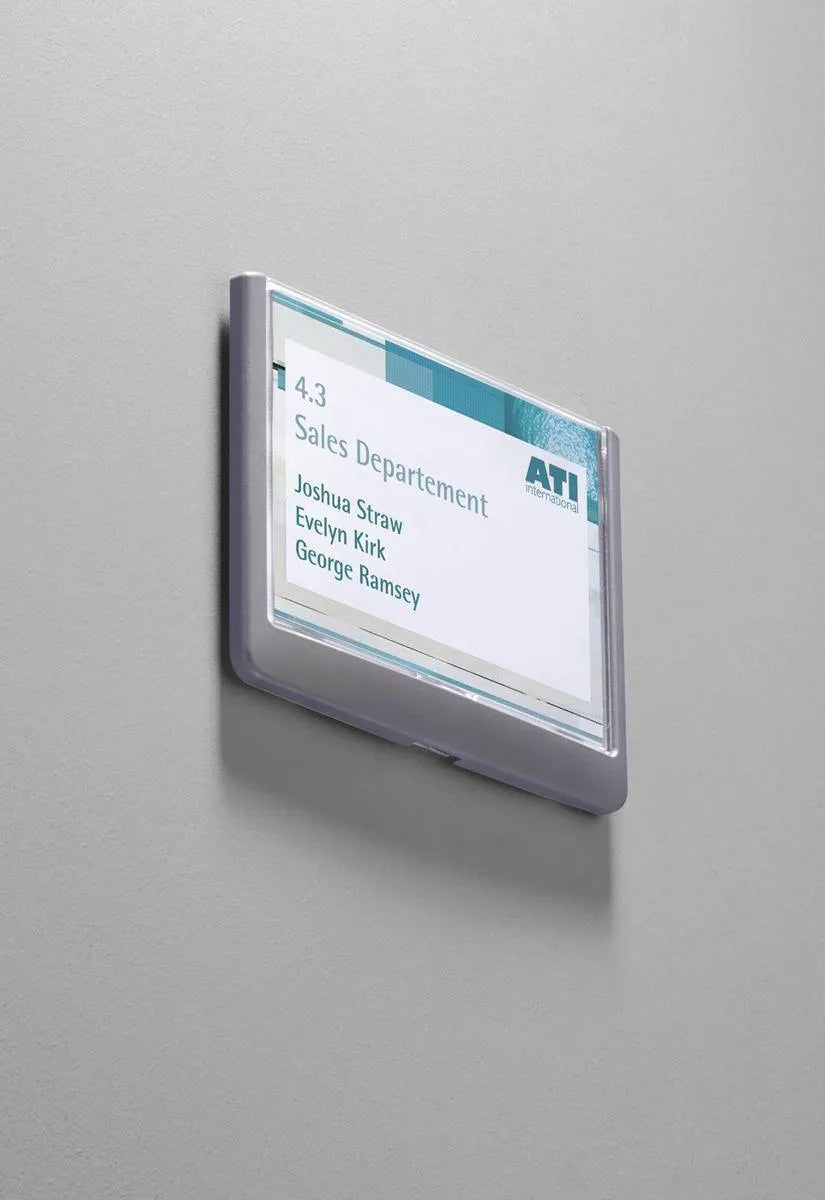 Showing Durable UK's Durable Adhesive CLICK SIGN Wall Mounted Door Sign Holder | 149x105mm | Grey, available as SKU 486137 with EAN 4005546404660.