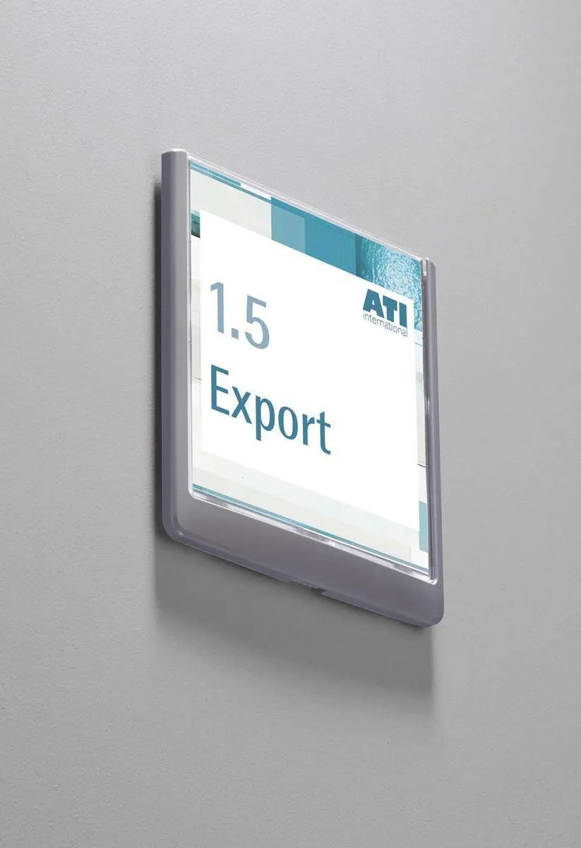 Showing Durable UK's Durable Adhesive CLICK SIGN Wall Mounted Door Sign Holder | 149x149mm | Grey, available as SKU 486237 with EAN 4005546404684.