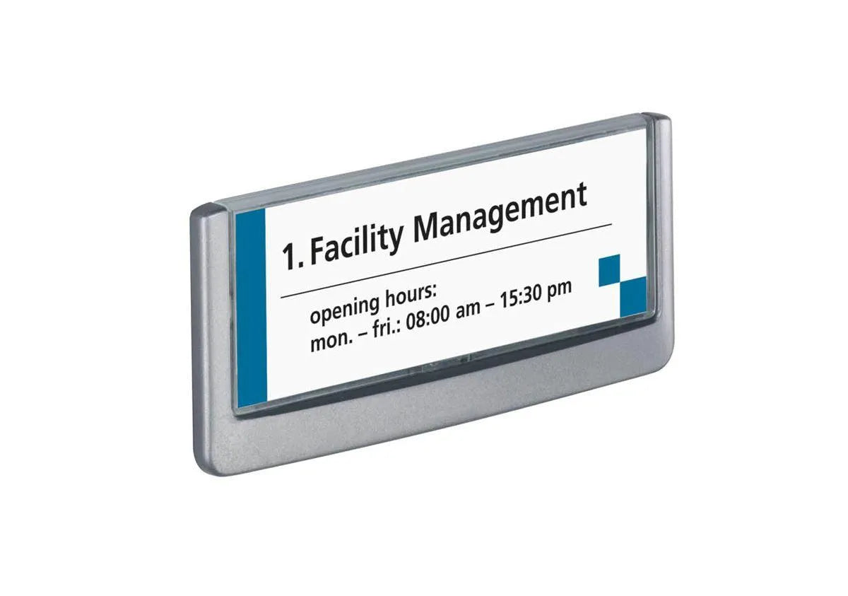 Showing Durable UK's Durable Adhesive CLICK SIGN Wall Mounted Door Sign Holder | 149x52mm | Grey, available as SKU 486037 with EAN 4005546404646.