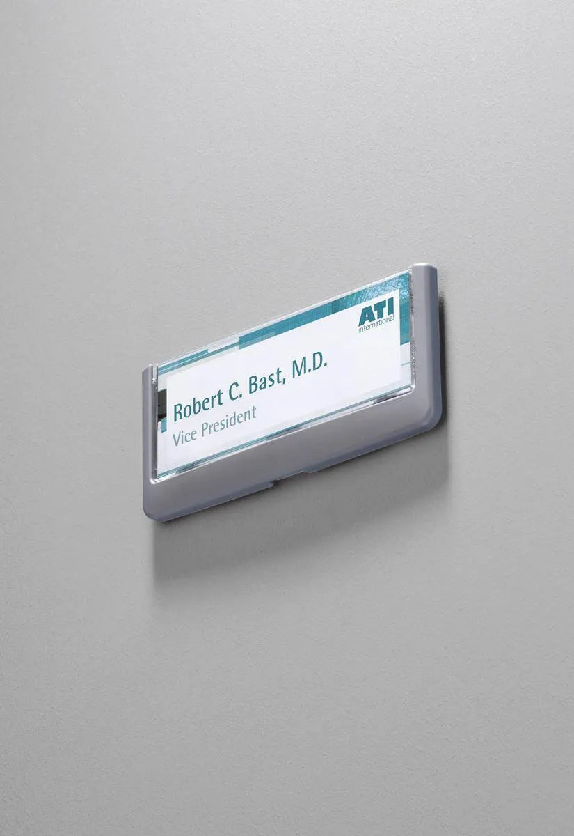 Showing Durable UK's Durable Adhesive CLICK SIGN Wall Mounted Door Sign Holder | 149x52mm | Grey, available as SKU 486037 with EAN 4005546404646.