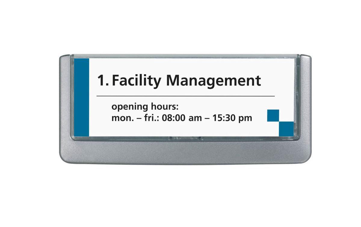 Showing Durable UK's Durable Adhesive CLICK SIGN Wall Mounted Door Sign Holder | 149x52mm | Grey, available as SKU 486037 with EAN 4005546404646.