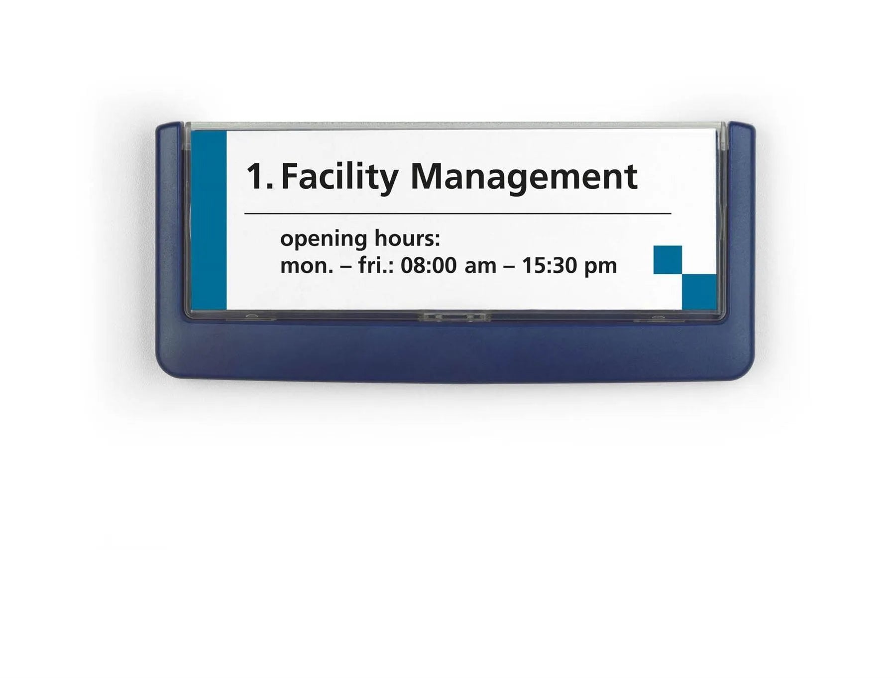 Showing Durable UK's Durable Adhesive CLICK SIGN Wall Mounted Door Sign Holder | 149x53mm | Blue, available as SKU 486007 with EAN 4005546405018.