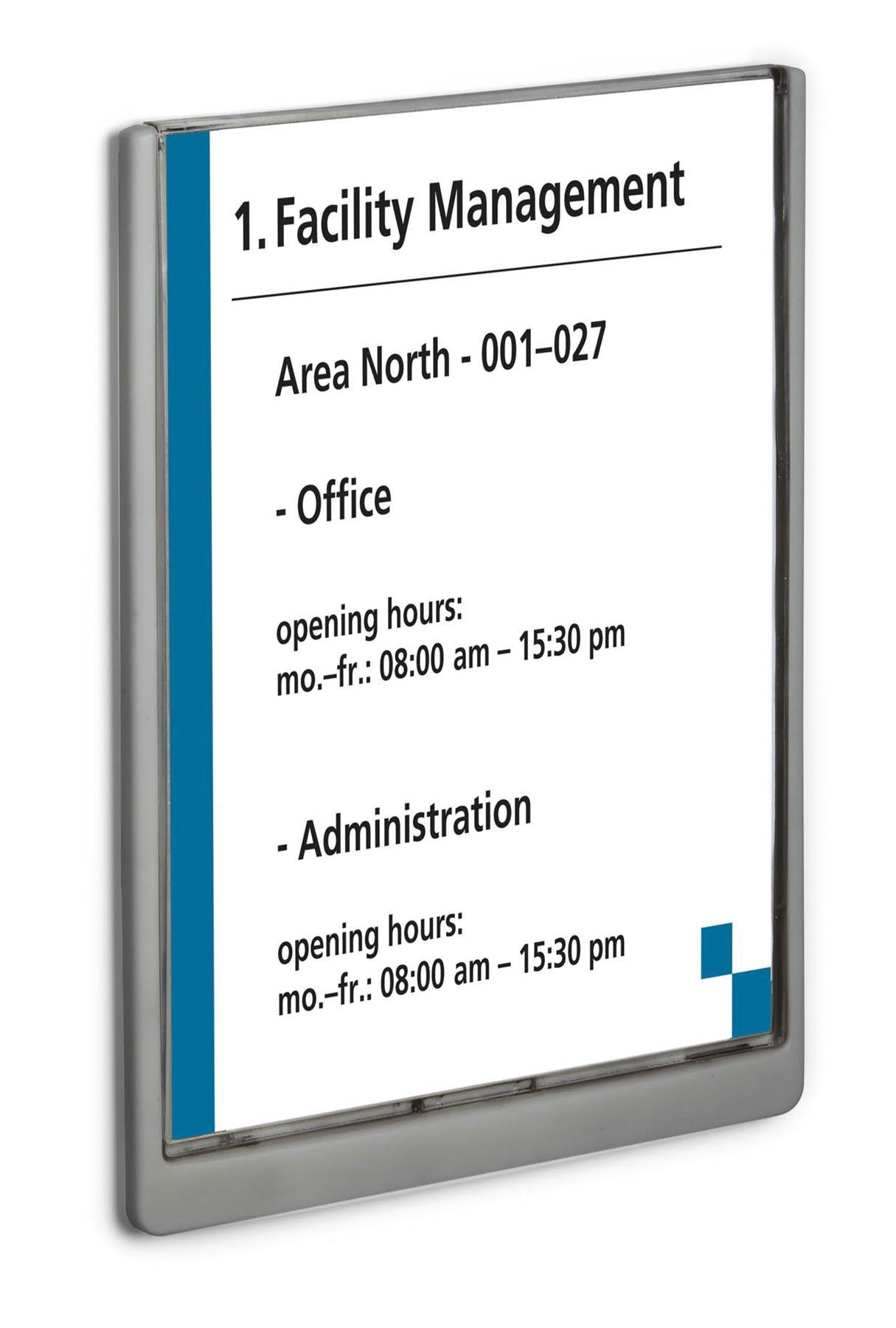 Showing Durable UK's Durable Adhesive CLICK SIGN Wall Mounted Door Sign Holder | A4 | Graphite Grey, available as SKU 486737 with EAN 4005546405568.