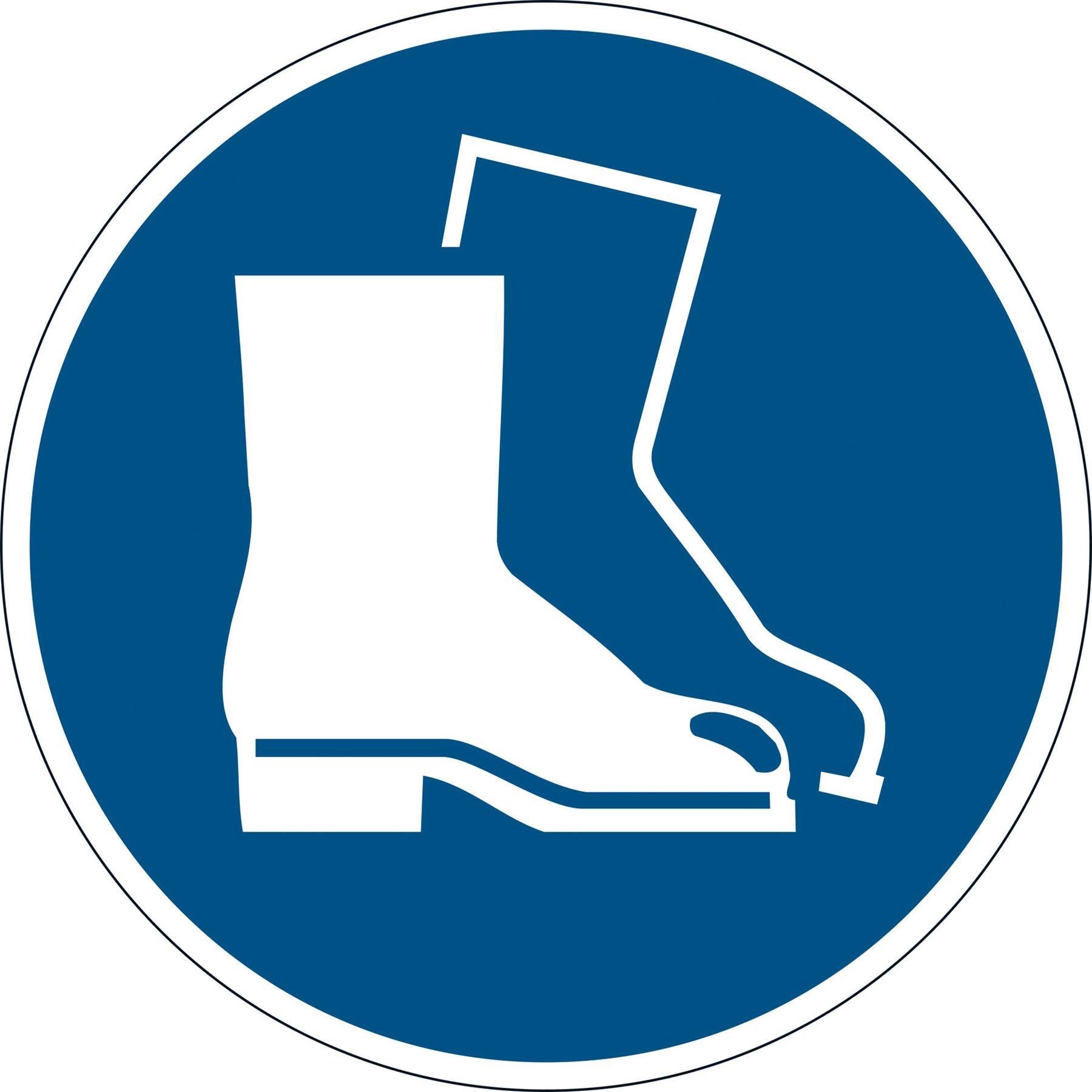 Showing Durable UK's Durable Adhesive ISO "Use Foot Protection" Sign Safety Floor Sticker | 43cm, available as SKU 173306 with EAN 4005546983479.