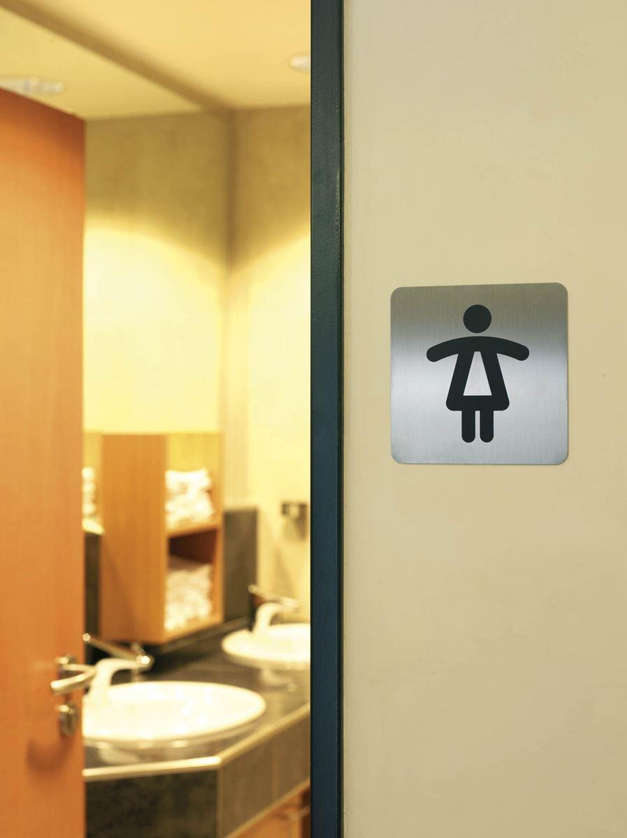 Showing Durable UK's Durable Adhesive Ladies WC Symbol Square Bathroom Toilet Sign | Stainless Steel, available as SKU 495623 with EAN 4005546403359.