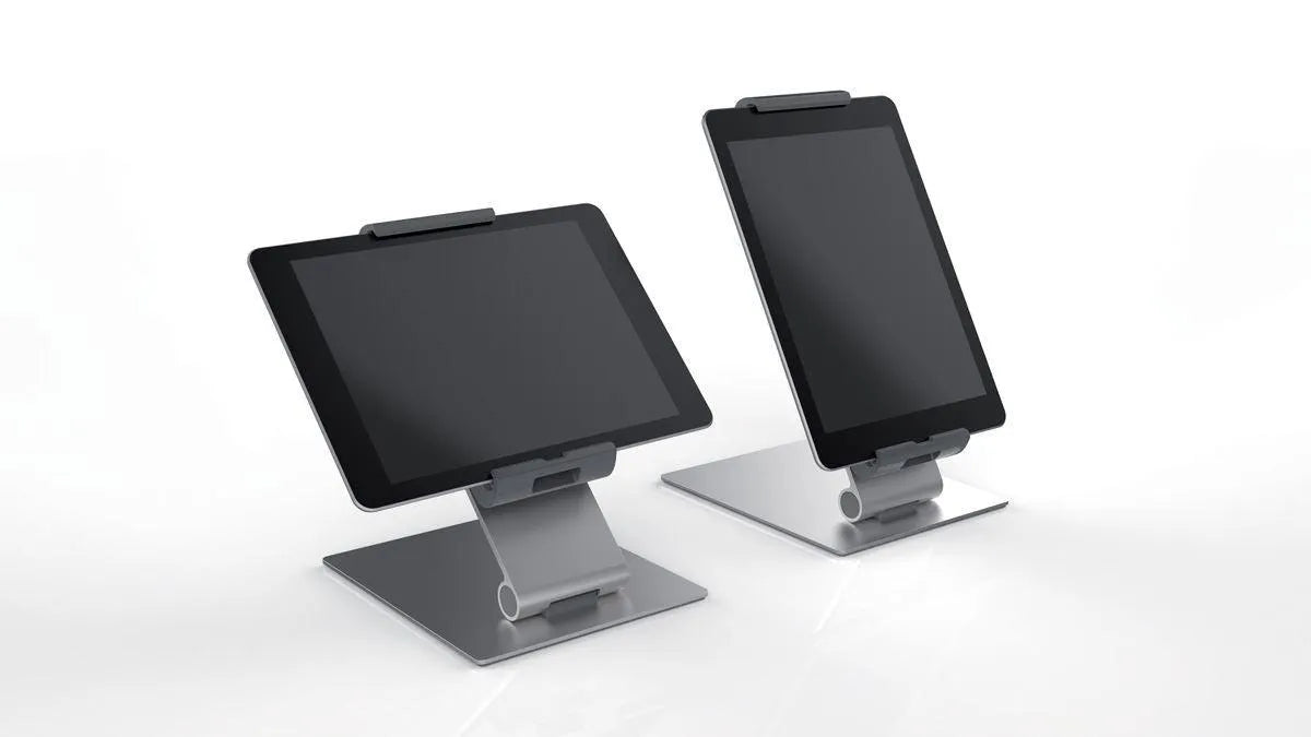 Showing Durable UK's Durable Aluminium Foldable Tablet Holder iPad Desk Stand | Lockable & Rotatable, available as SKU 893023 with EAN 4005546979632.