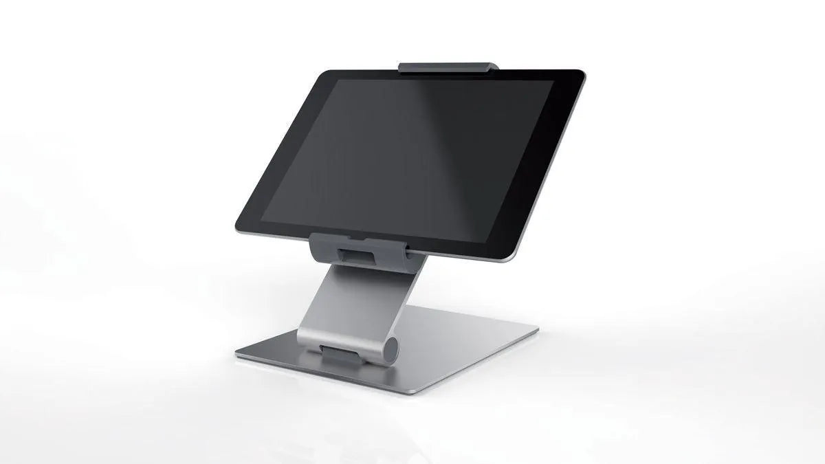 Showing Durable UK's Durable Aluminium Foldable Tablet Holder iPad Desk Stand | Lockable & Rotatable, available as SKU 893023 with EAN 4005546979632.