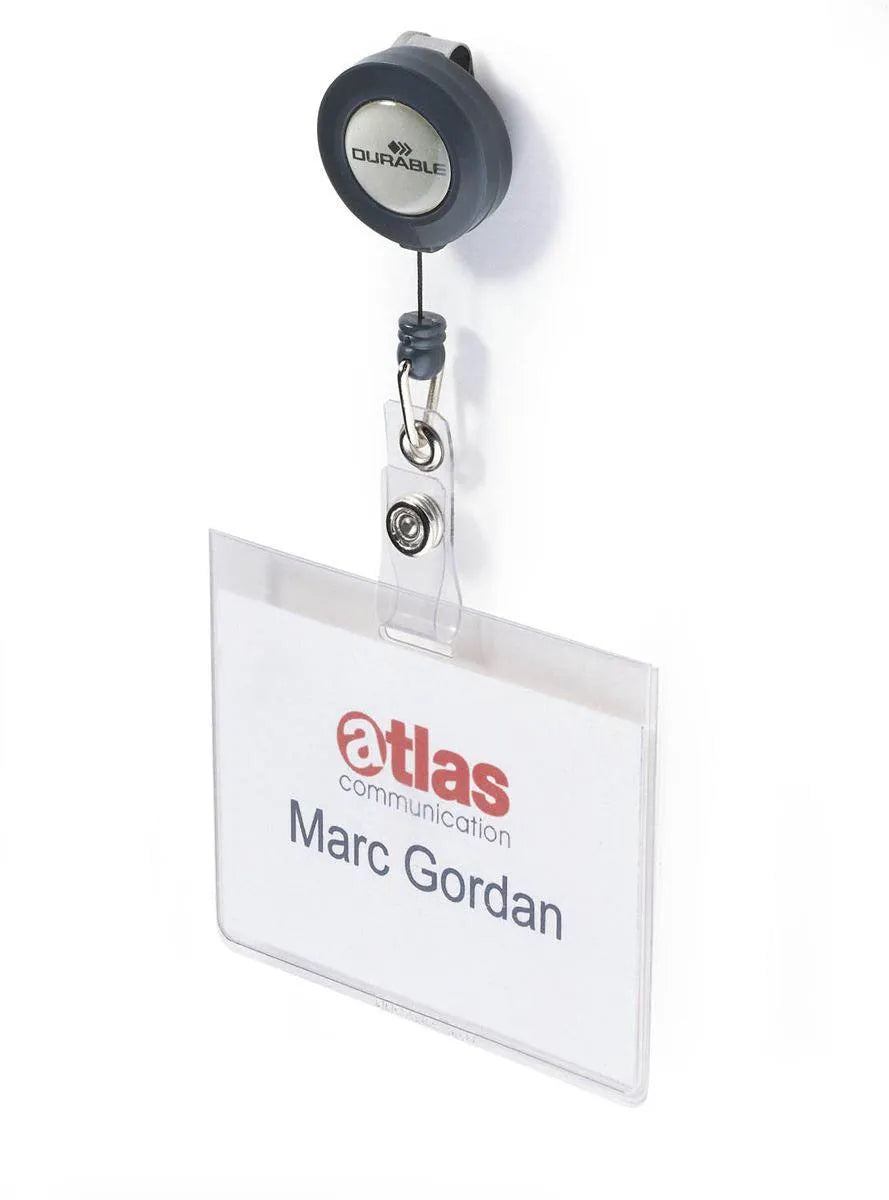 Showing Durable UK's Durable Badge Reel Name Tag ID Card Holders + Inserts | 10 Pack | 60 x 90mm, available as SKU 813819 with EAN 4005546800004.