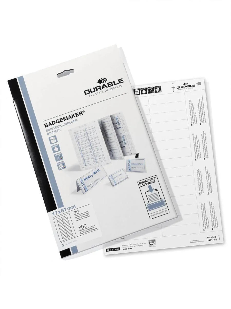 Showing Durable UK's Durable BADGEMAKER Printable Table Place Name Inserts | 20 Cards | 17x67mm, available as SKU 146102 with EAN 4005546102191.