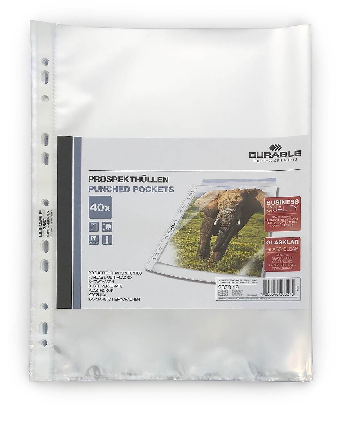 Showing Durable UK's Durable BUSINESS Punched Pockets Sleeve Wallets | 40 Pack | A4 Clear, available as SKU 267319 with EAN 4005546203270.