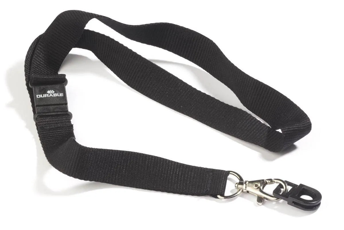 Showing Durable UK's Durable CARD FIX Safety-Release Lanyard Name Badge ID Holder | 10 Pack | Black, available as SKU 818701 with EAN 4005546803982.