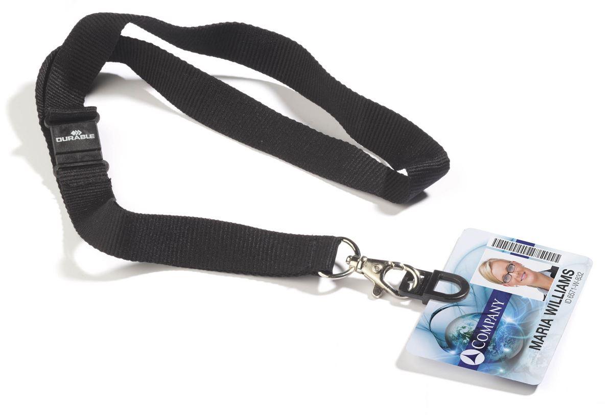 Showing Durable UK's Durable CARD FIX Safety-Release Lanyard Name Badge ID Holder | 10 Pack | Black, available as SKU 818701 with EAN 4005546803982.