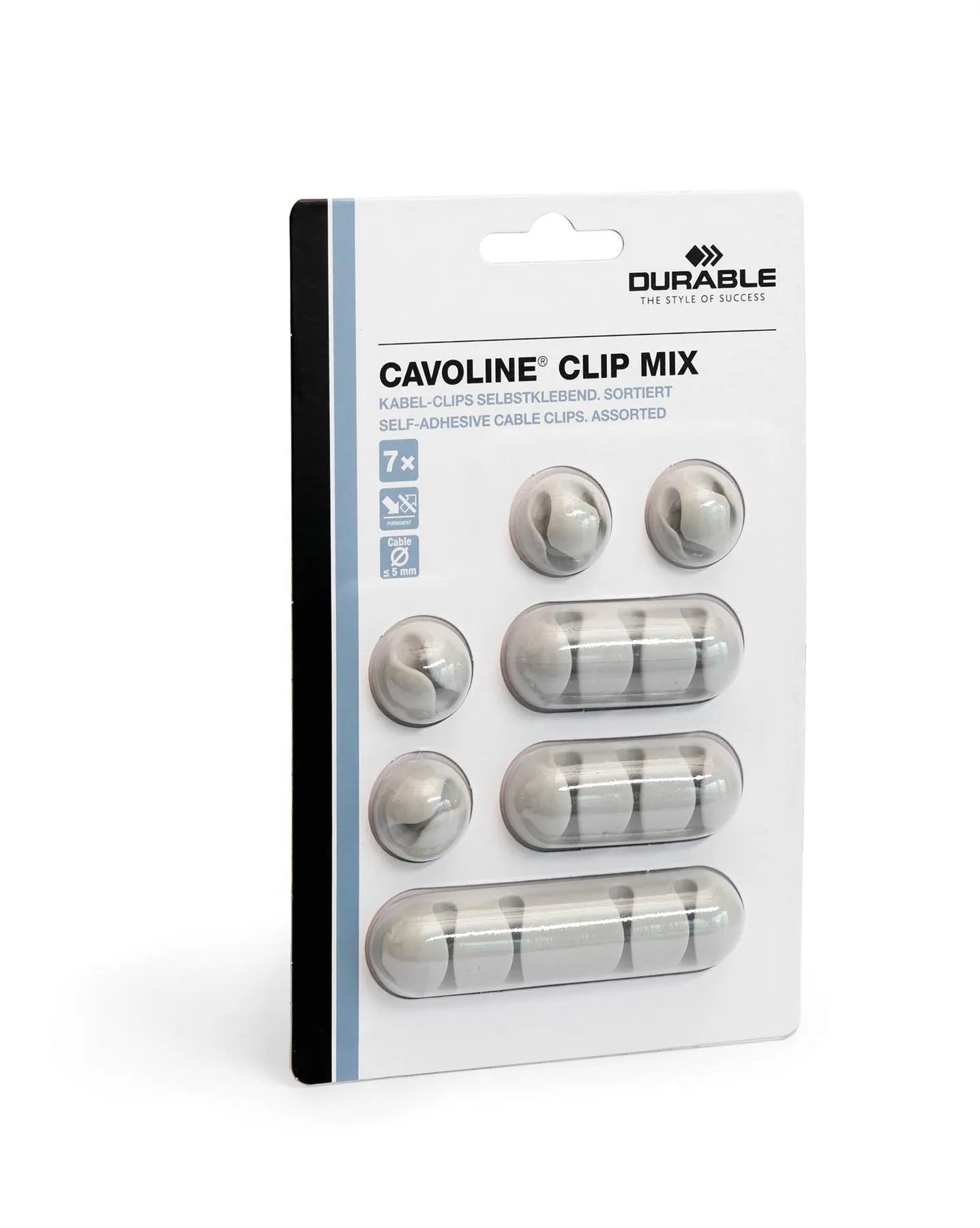 Showing Durable UK's Durable CAVOLINE Cable Management Desk Tidy Clips | 7 Assorted | Grey, available as SKU 504110 with EAN 4005546992457.