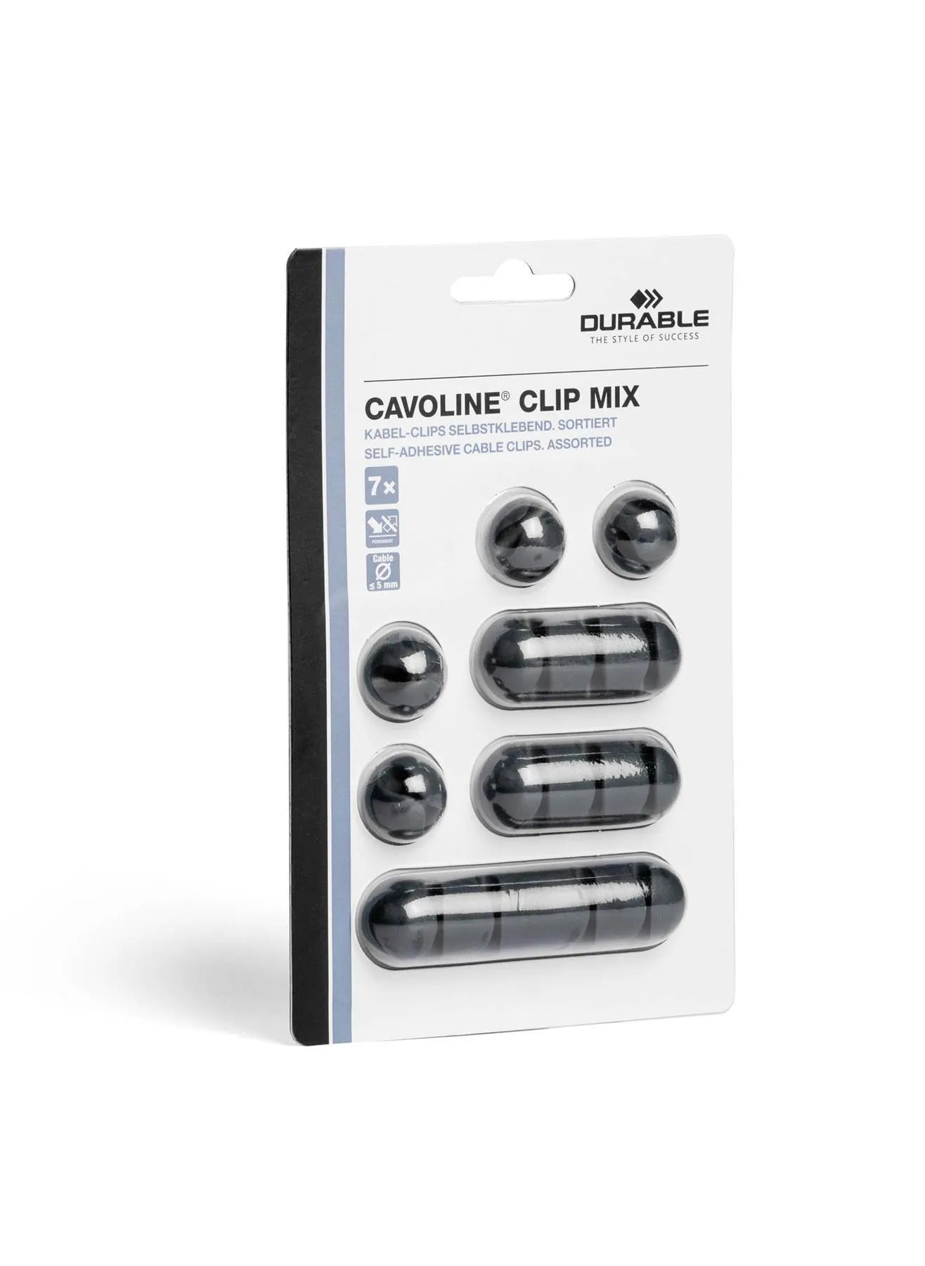 Showing Durable UK's Durable CAVOLINE Cable Management Desk Tidy Clips | 7 Assorted | Grey, available as SKU 504137 with EAN 4005546991511.